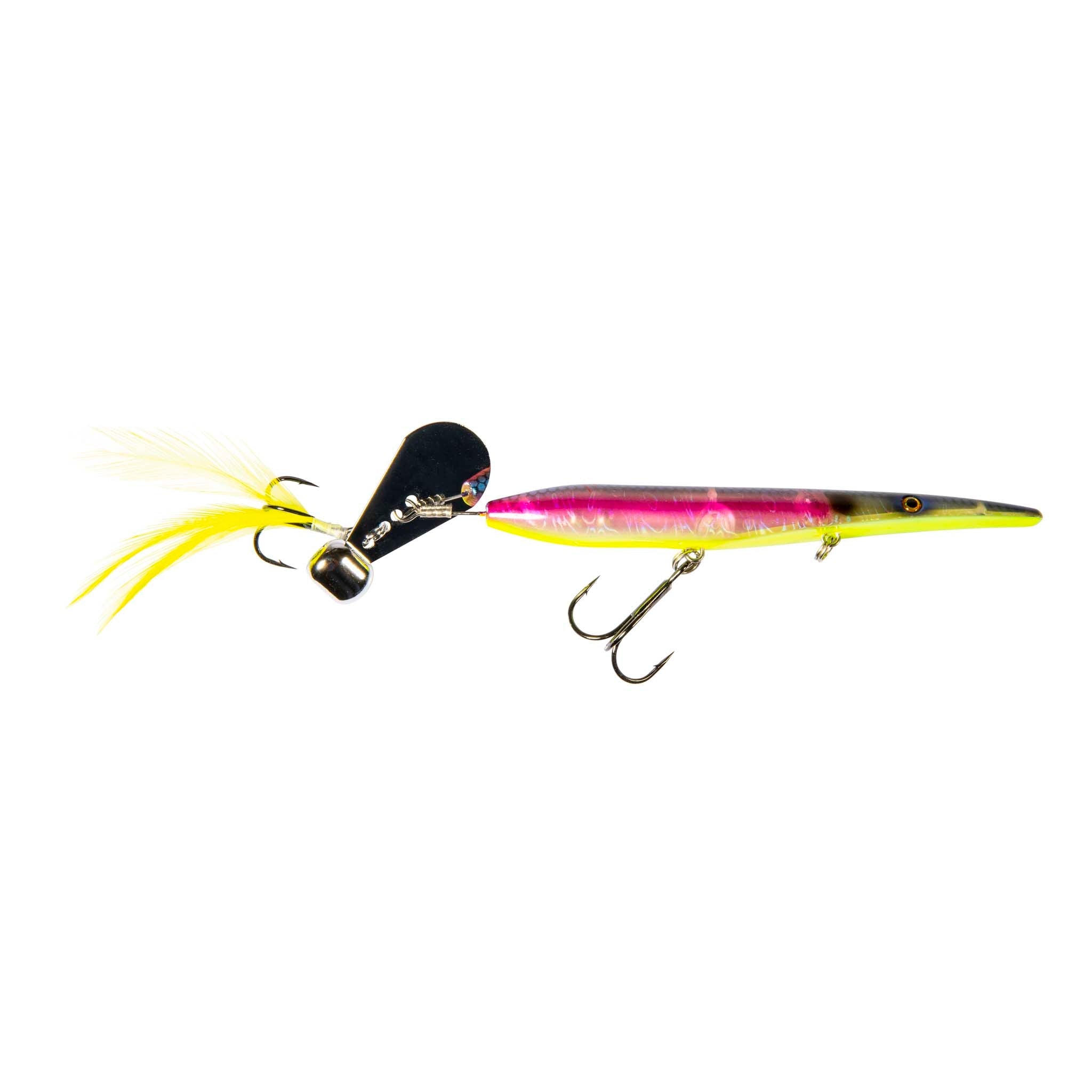Pink and purple minnow-style fishing lure with yellow feather tail, black head, treble hooks