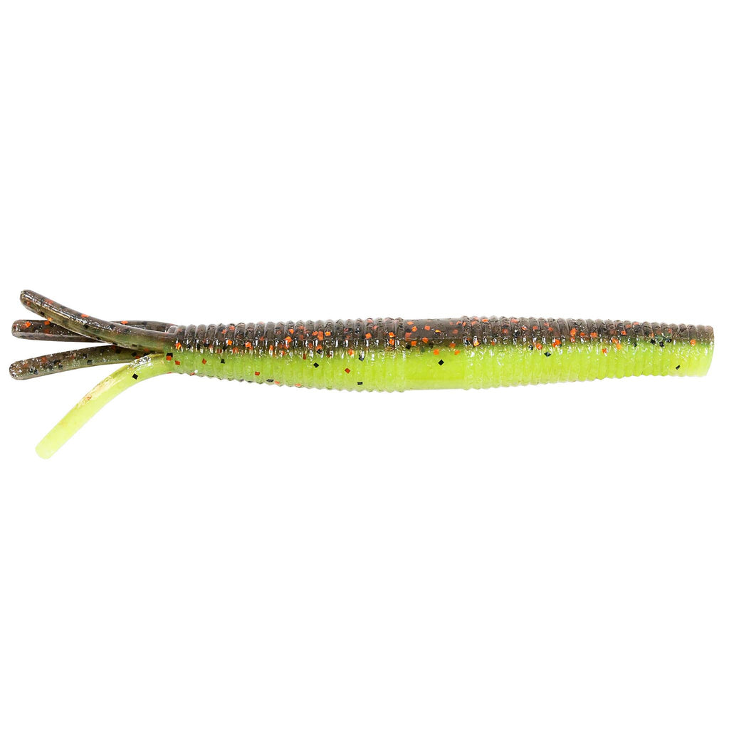 Hula StickZ fishing lure, dark speckled body with bright chartreuse underside and yellow tail