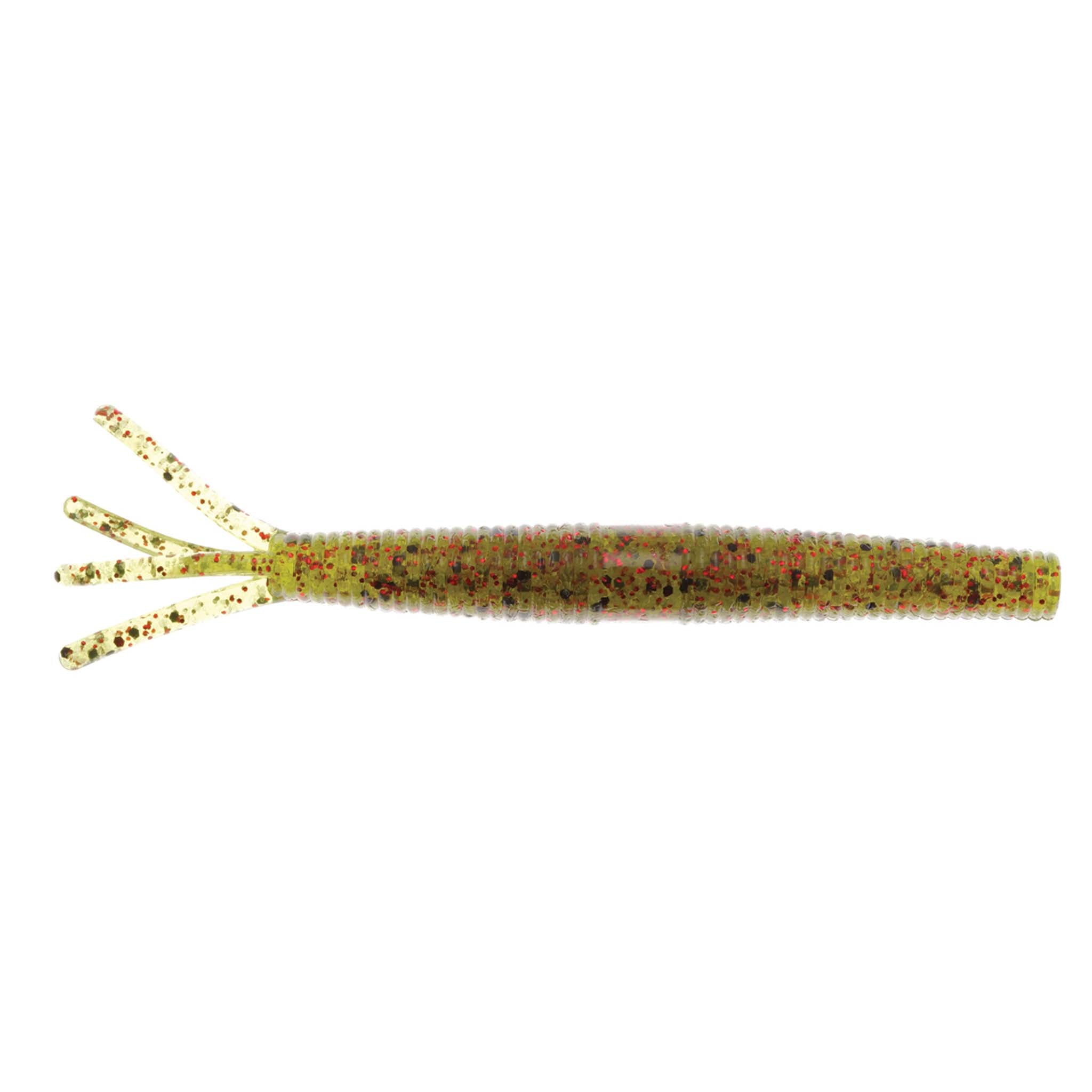Hula StickZ fishing lure, tan speckled body with yellow forked tail