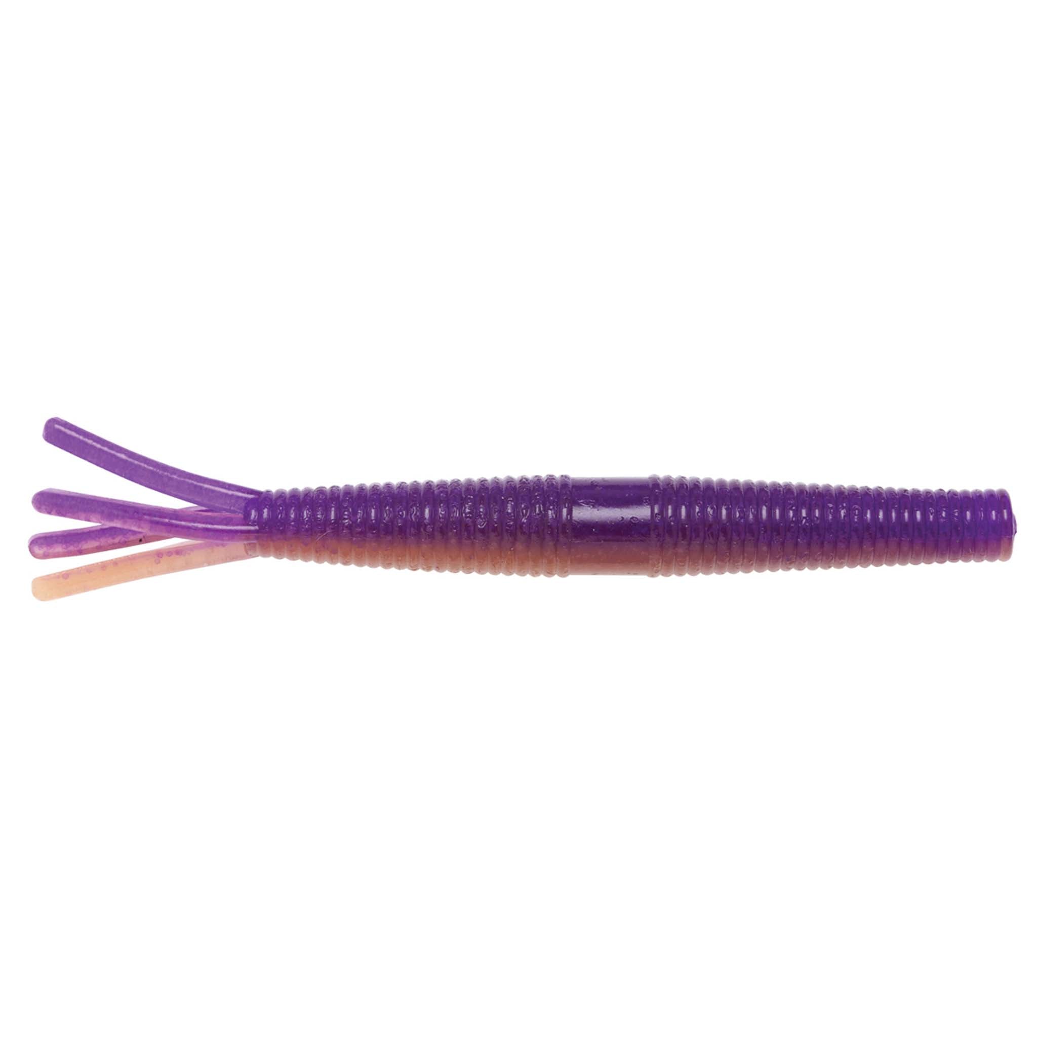 Purple soft plastic fishing lure with ribbed body and multi-prong tentacles