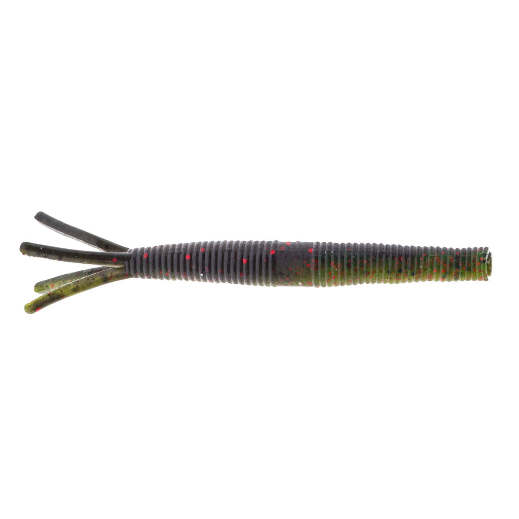 Hula StickZ fishing lure, dark green body with red specks and multi-color forked tail