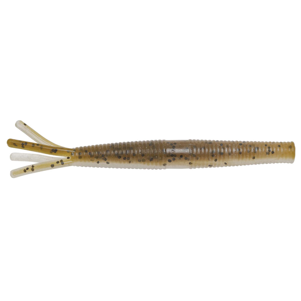 Tan and olive soft plastic fishing lure with speckled finish and multi-prong tentacles