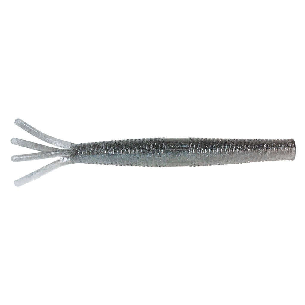 Hula StickZ fishing lure, gray-blue glitter body with light gray split tail