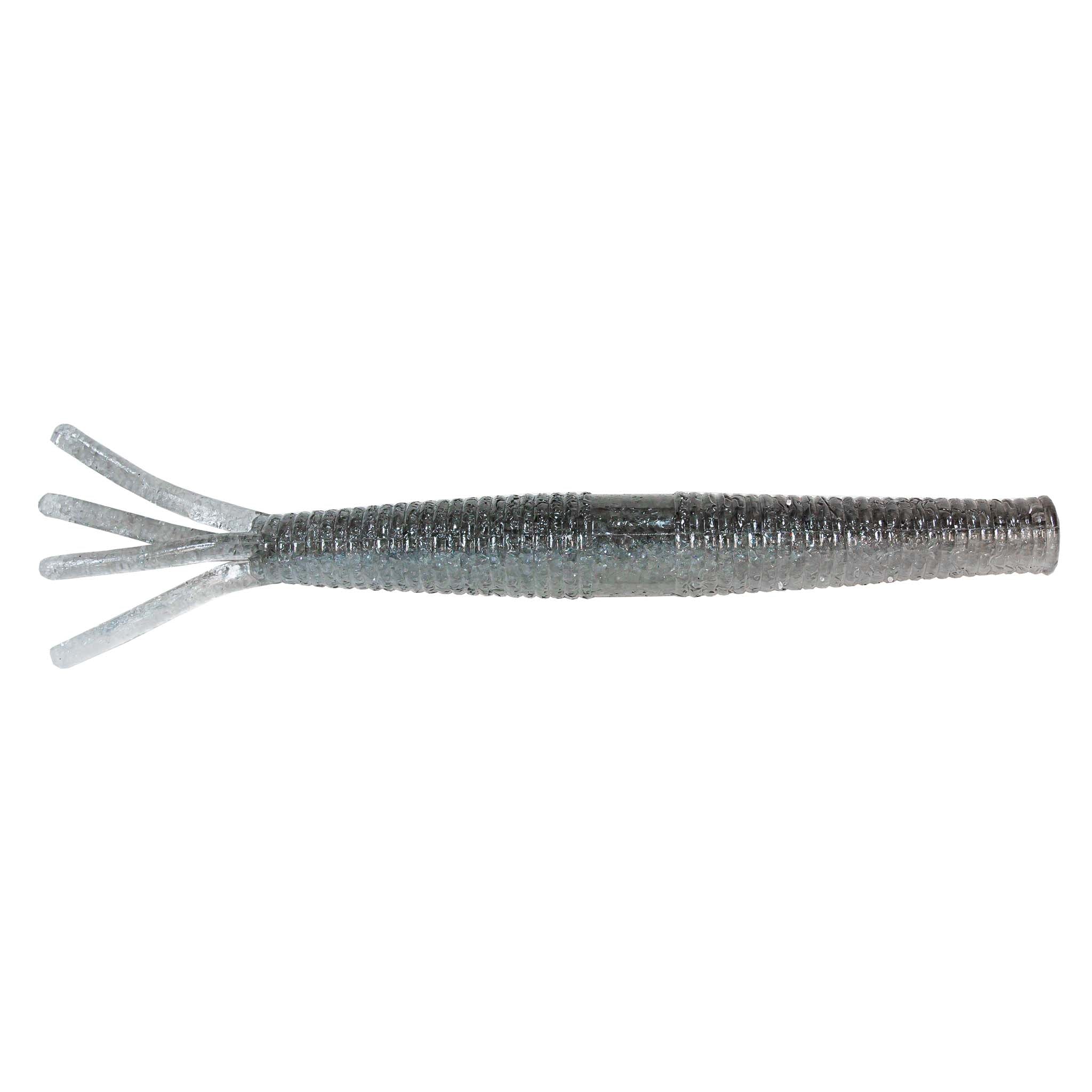 Hula StickZ fishing lure, gray-blue glitter body with light gray split tail
