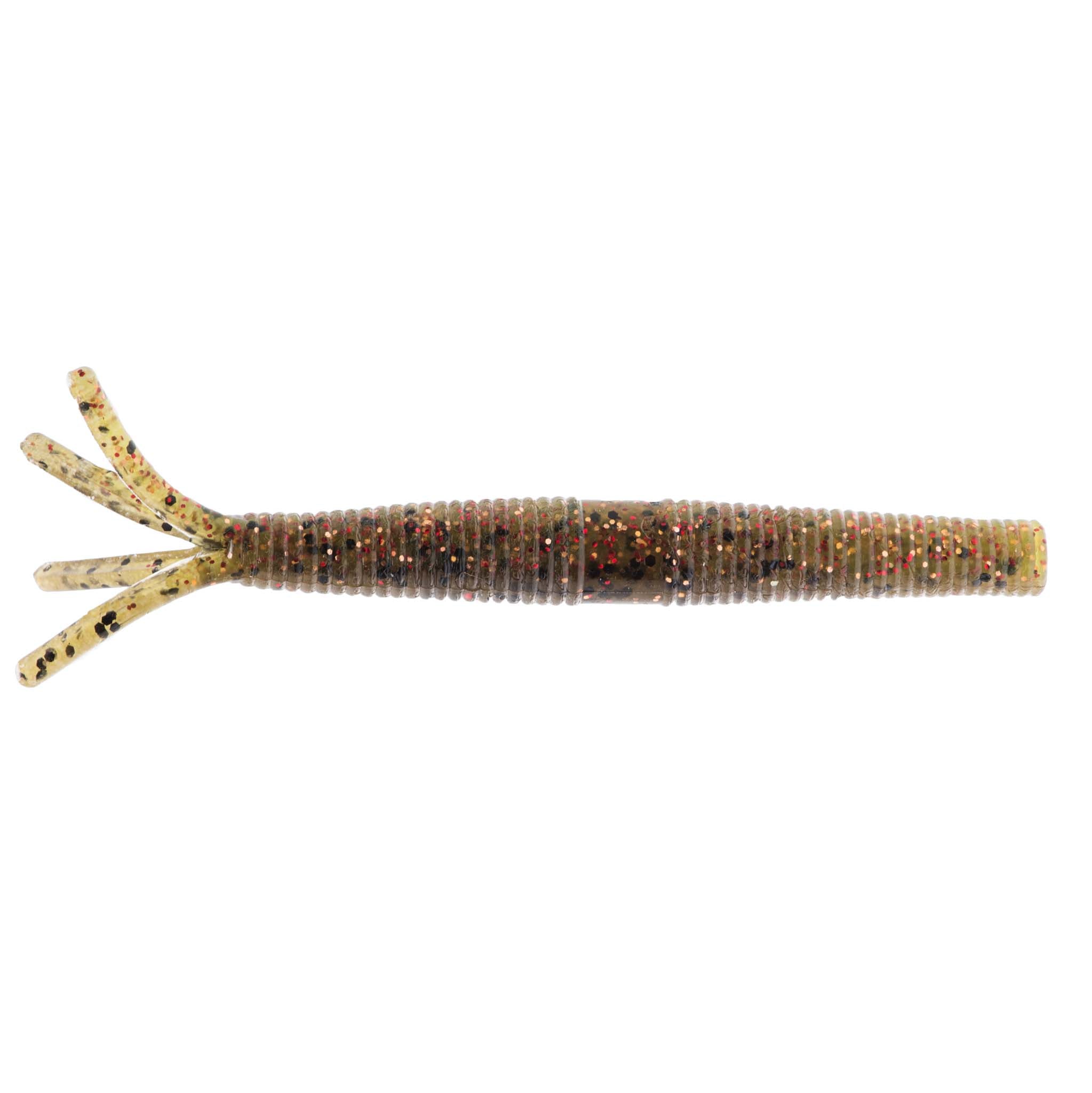 Hula StickZ fishing lure, speckled orange-brown body with yellow forked tail