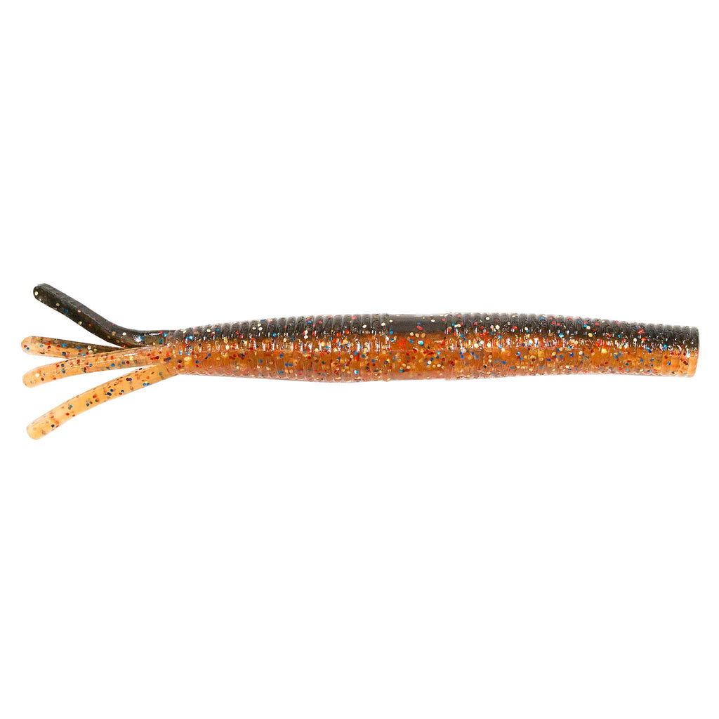 Orange and dark brown speckled soft plastic fishing lure with multi-prong tentacles