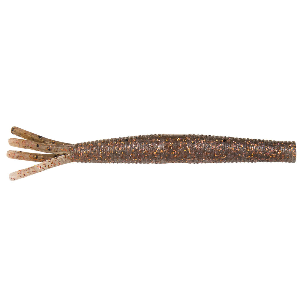 Brown speckled soft plastic fishing lure with textured body and multi-prong tentacles