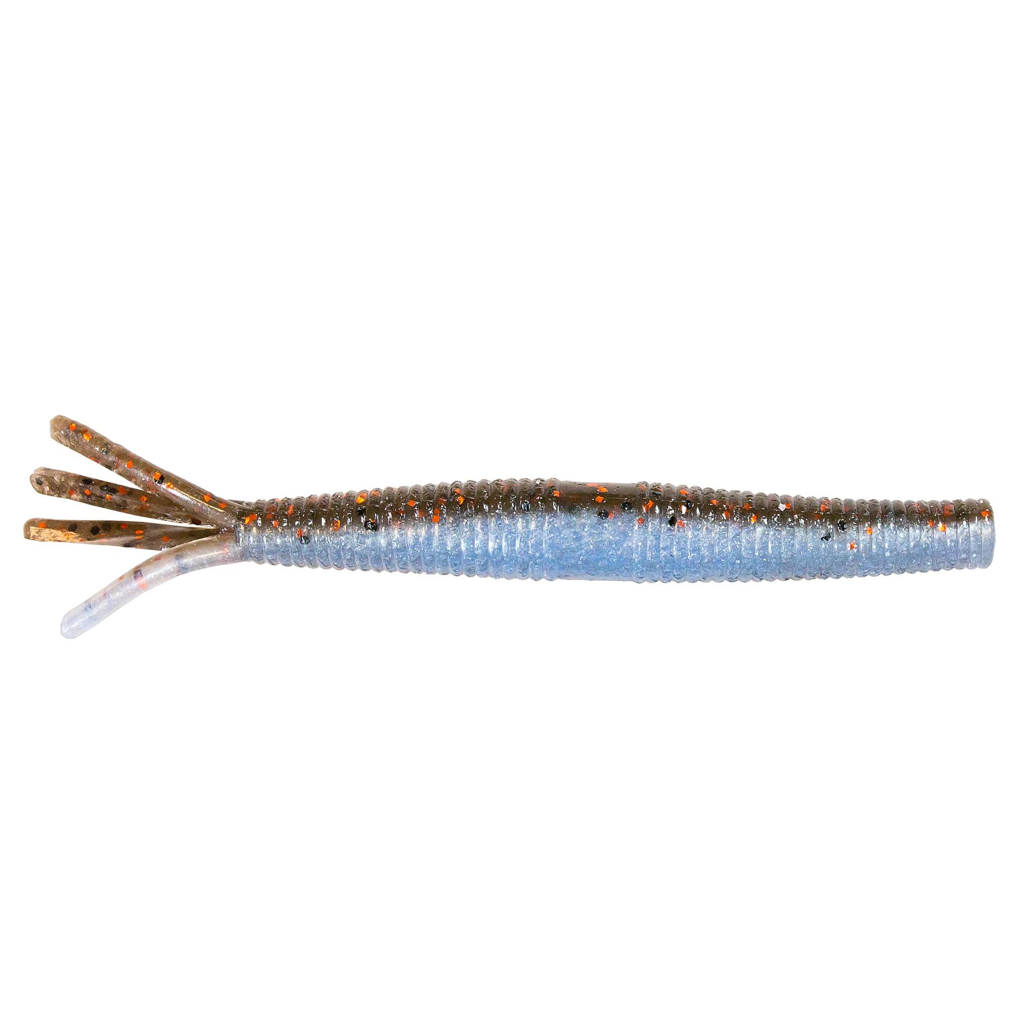 Hula StickZ fishing lure, blue glitter body with speckled orange-brown forked tail