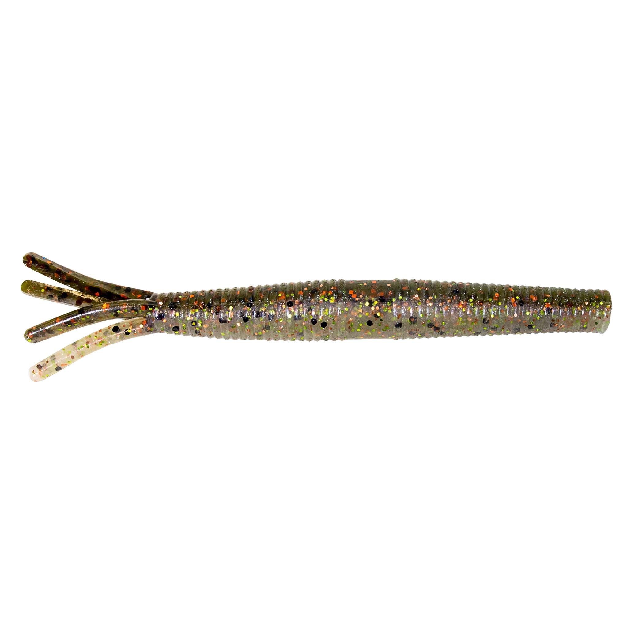 Gray-green speckled soft plastic fishing lure with multicolored multi-prong tentacles