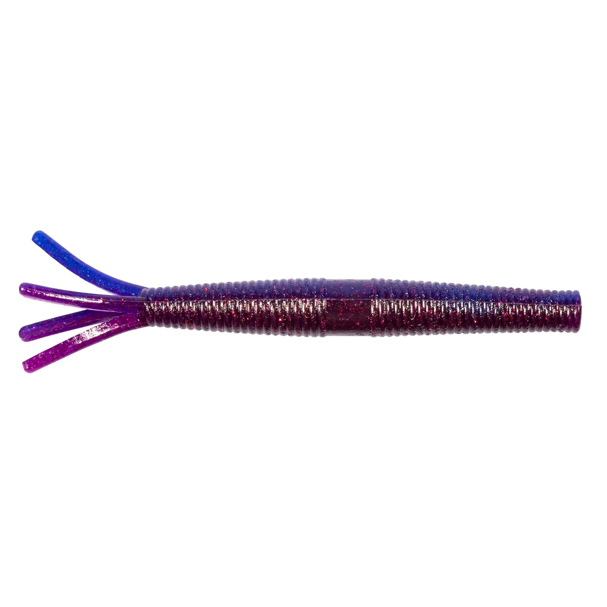 Dark blue and purple soft plastic fishing lure with ribbed body and purple tentacles