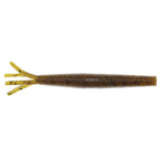 Hula StickZ fishing lure, brown body with yellow forked tail and speckled texture