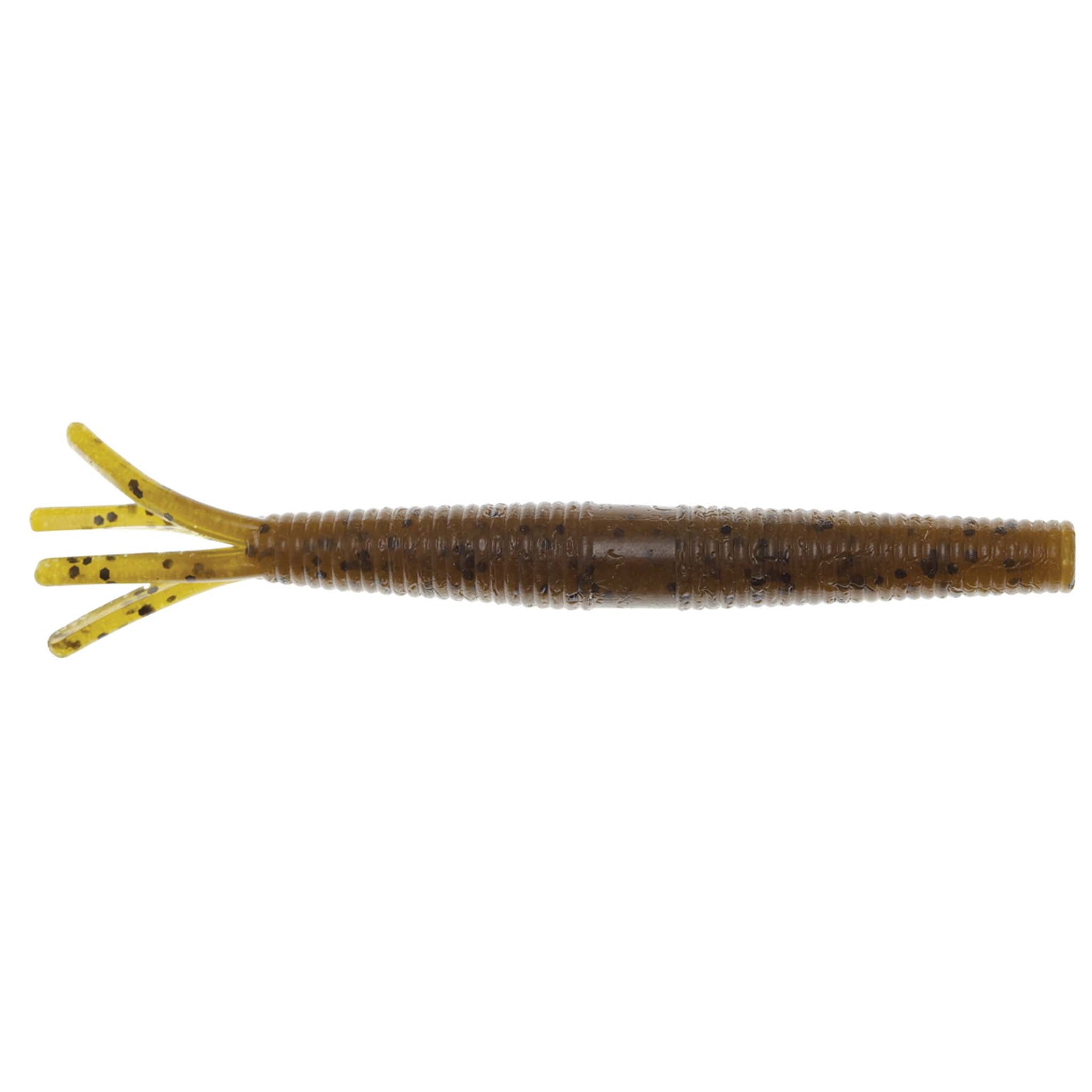 Hula StickZ fishing lure, brown body with yellow forked tail and speckled texture