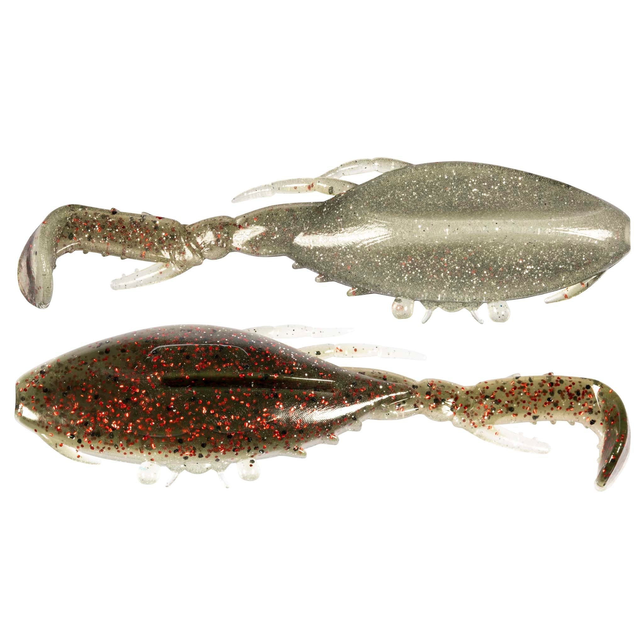 Glitter olive and gray soft plastic crab lure with claws and white tentacles, 2-pack.