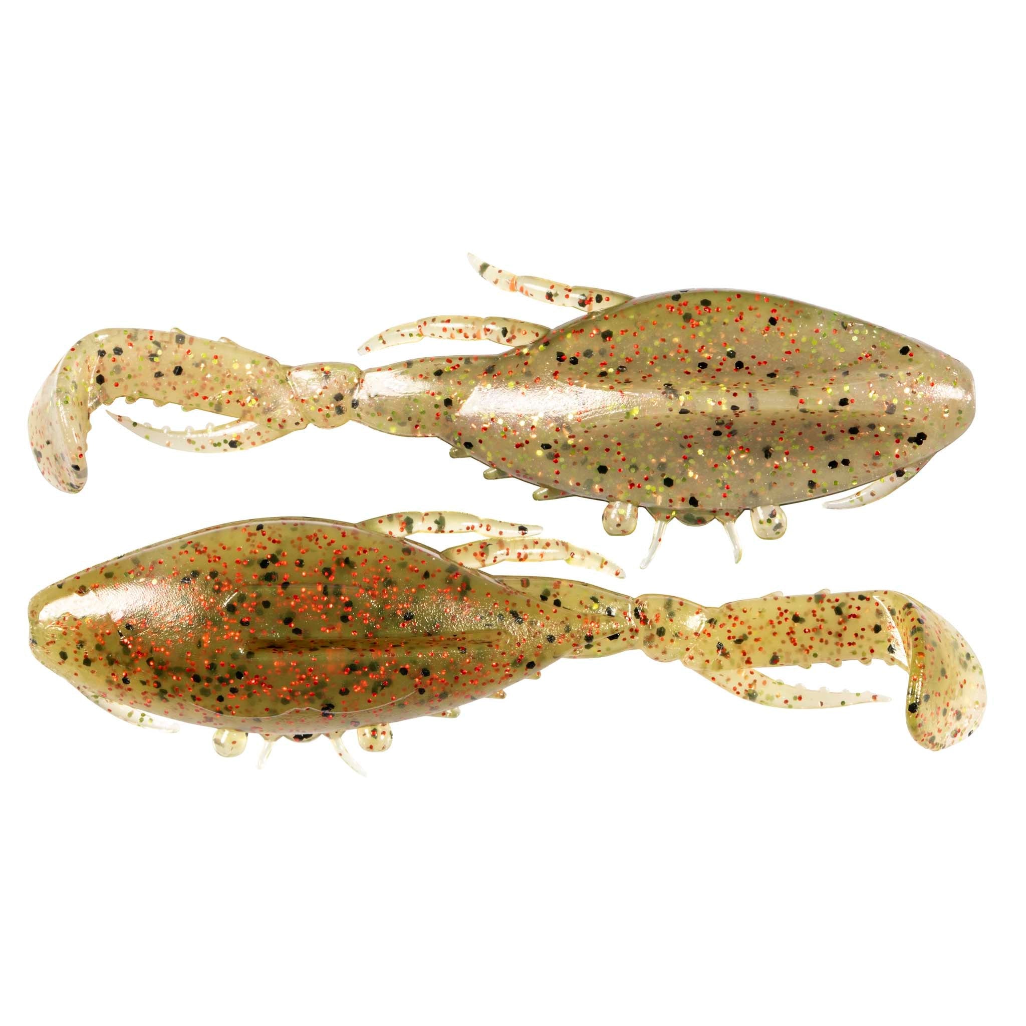 Glitter tan and rust soft plastic crab lure with claws and white tentacles, 2-pack.