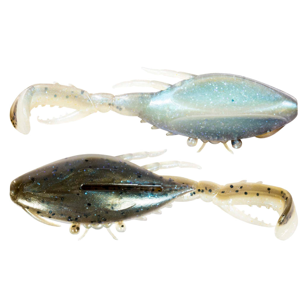 Glitter blue and dark gray soft plastic crab lure with claws and white tentacles, 2-pack.