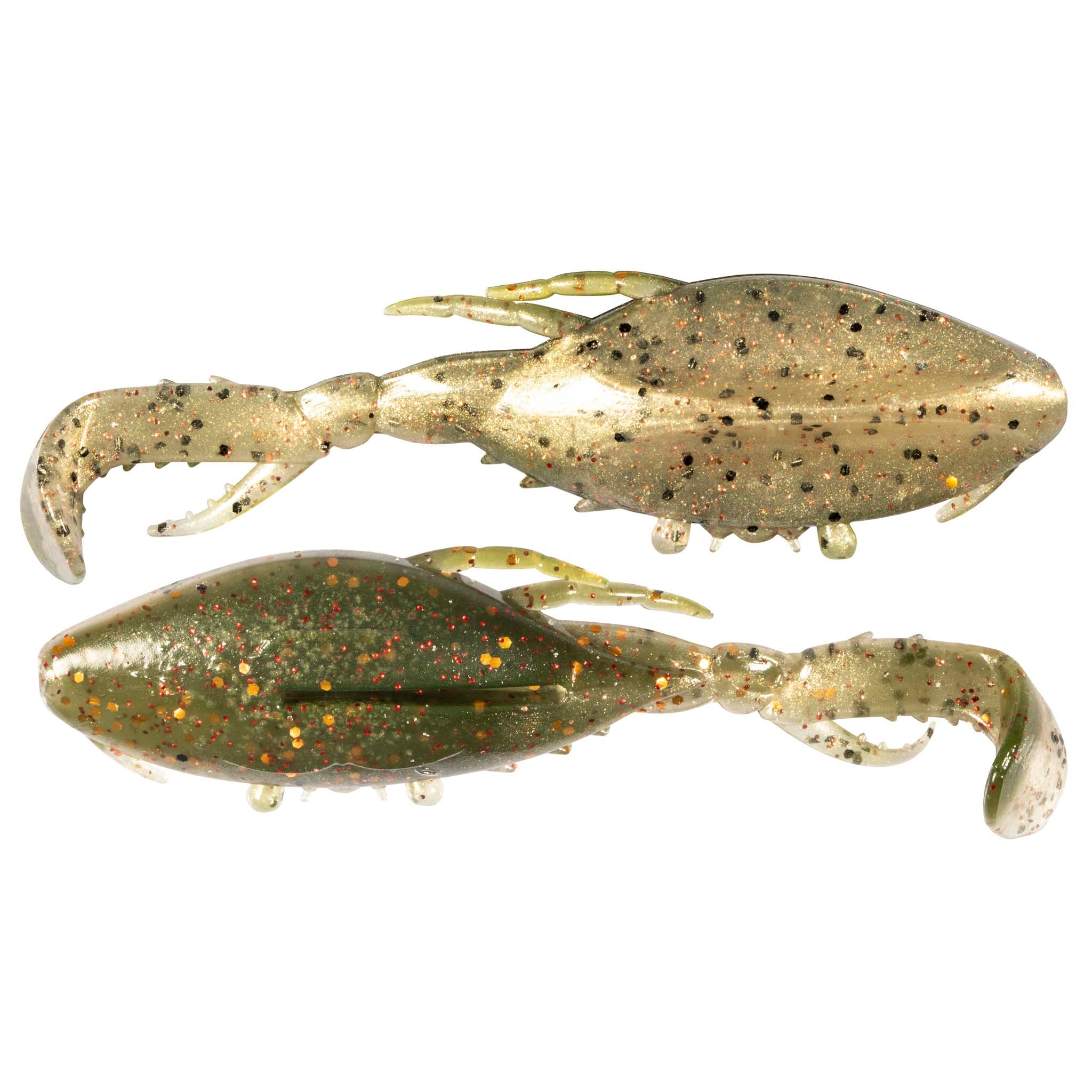 Glitter gold and brown soft plastic crab lure with claws and white tentacles, 2-pack.