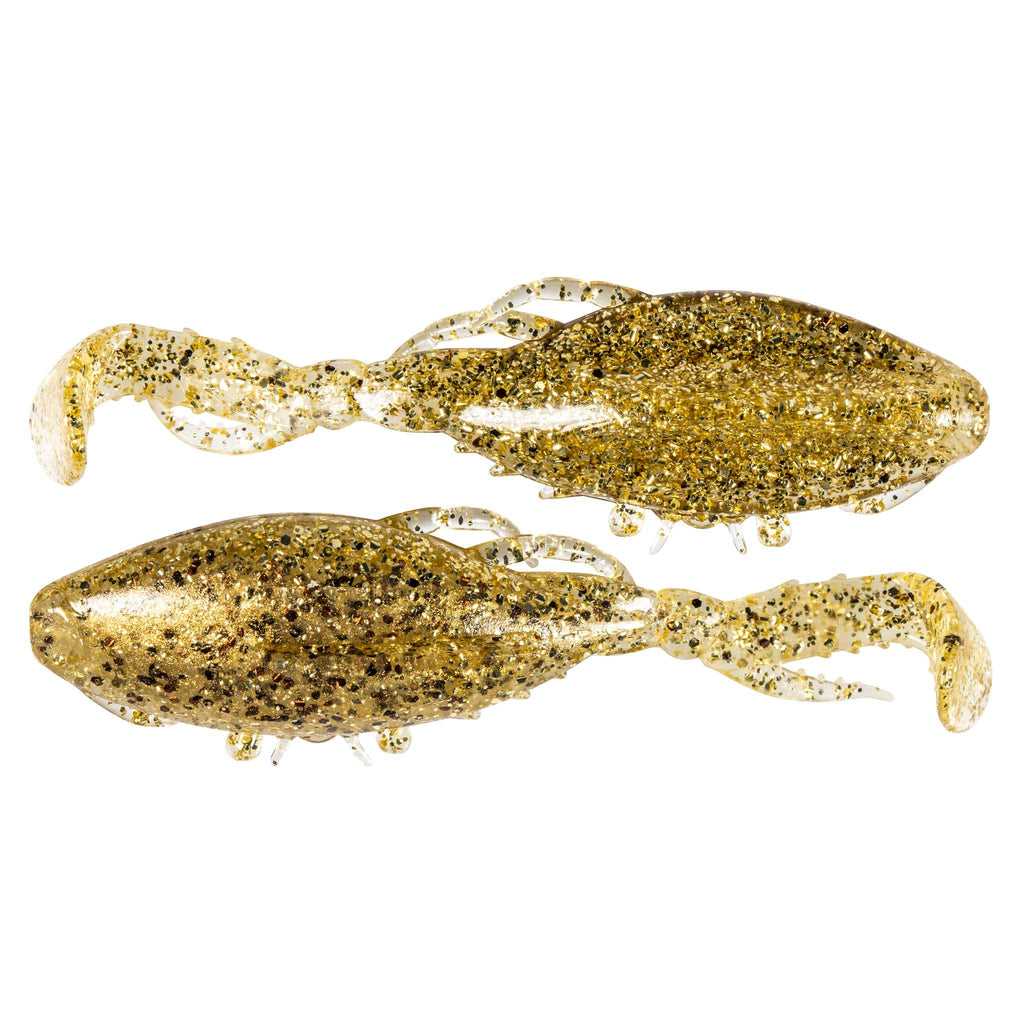 Glitter gold soft plastic crab lure with claws and white tentacles, 2-pack.