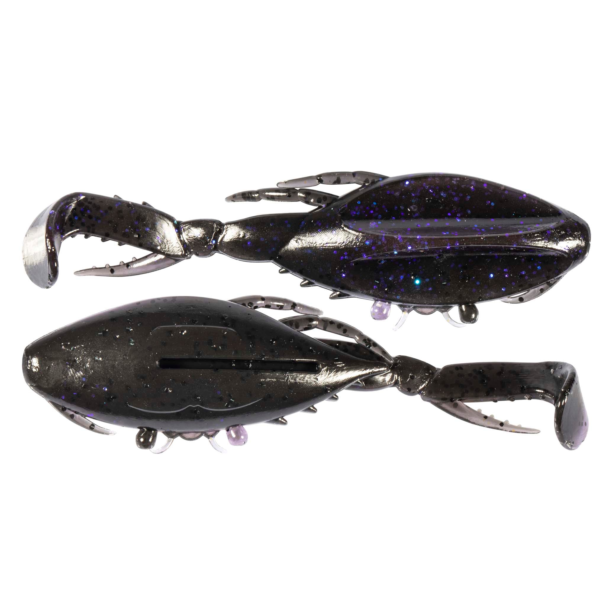 Glitter dark blue and black soft plastic crab lure with claws and white tentacles, 2-pack.