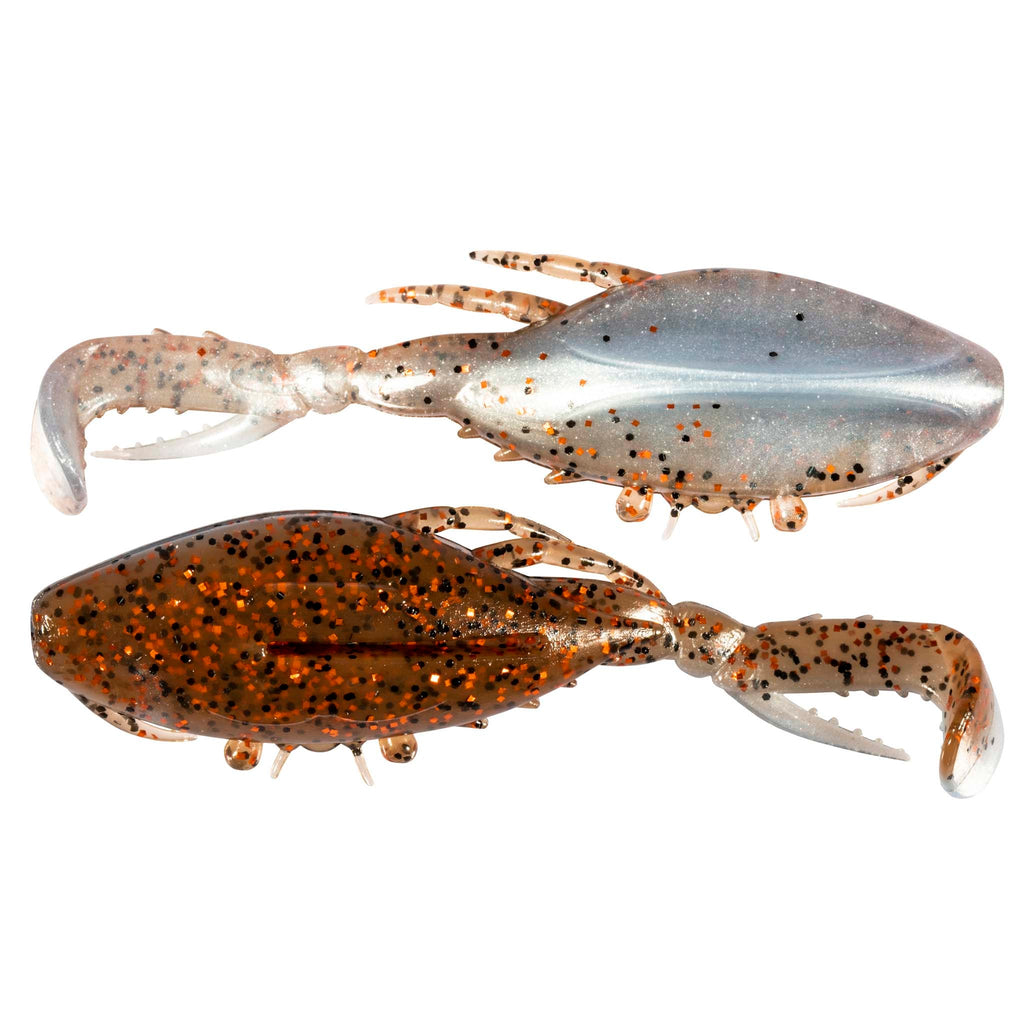 Glitter light gray and orange soft plastic crab lure with claws and white tentacles, 2-pack.