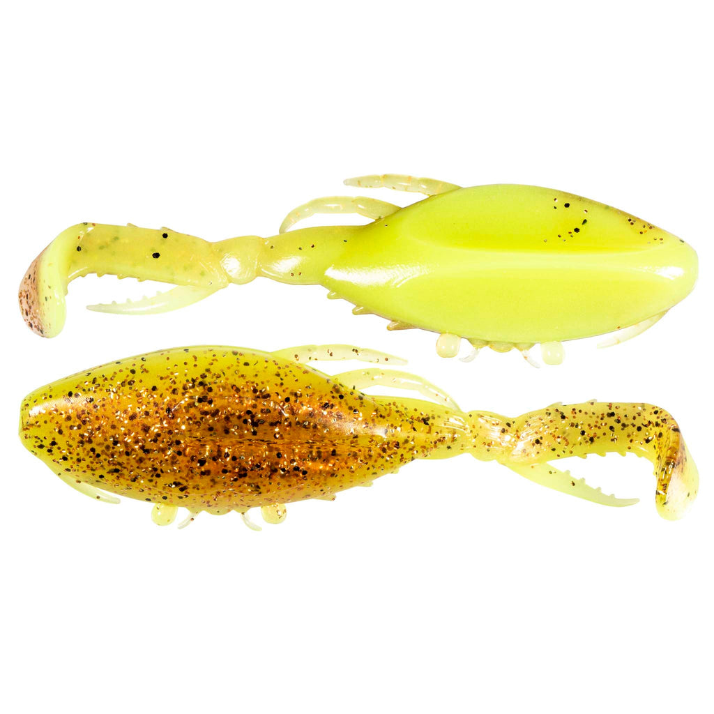 Neon yellow glitter soft plastic crab lure with claws and white tentacles, 2-pack.