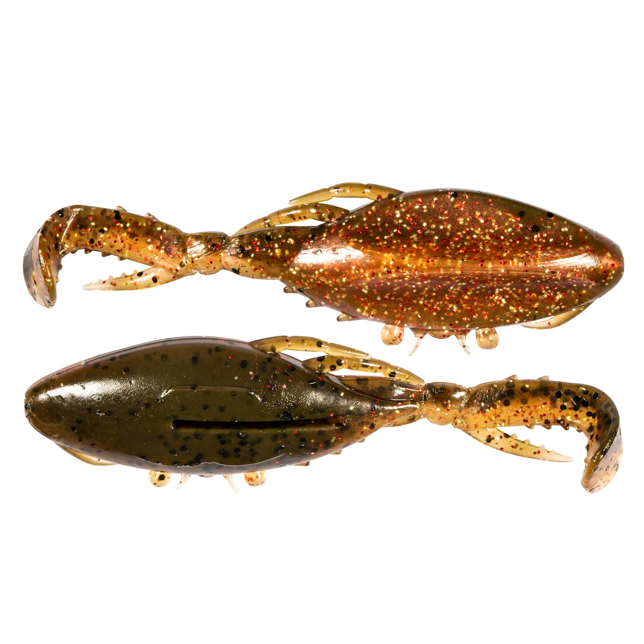 Glitter brown and copper soft plastic crab lure with claws and white tentacles, 2-pack.