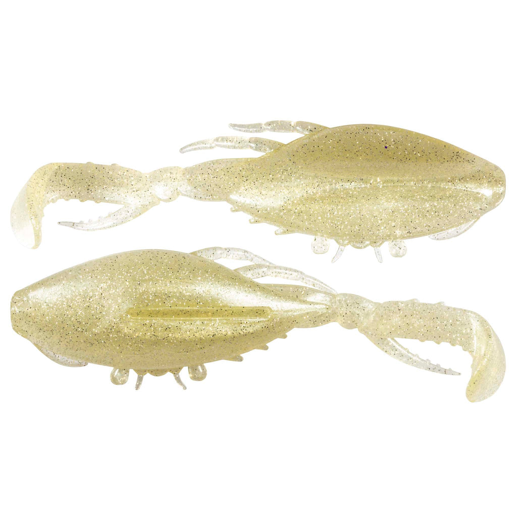 Light sand glitter soft plastic crab lure with claws and white tentacles, 2-pack.