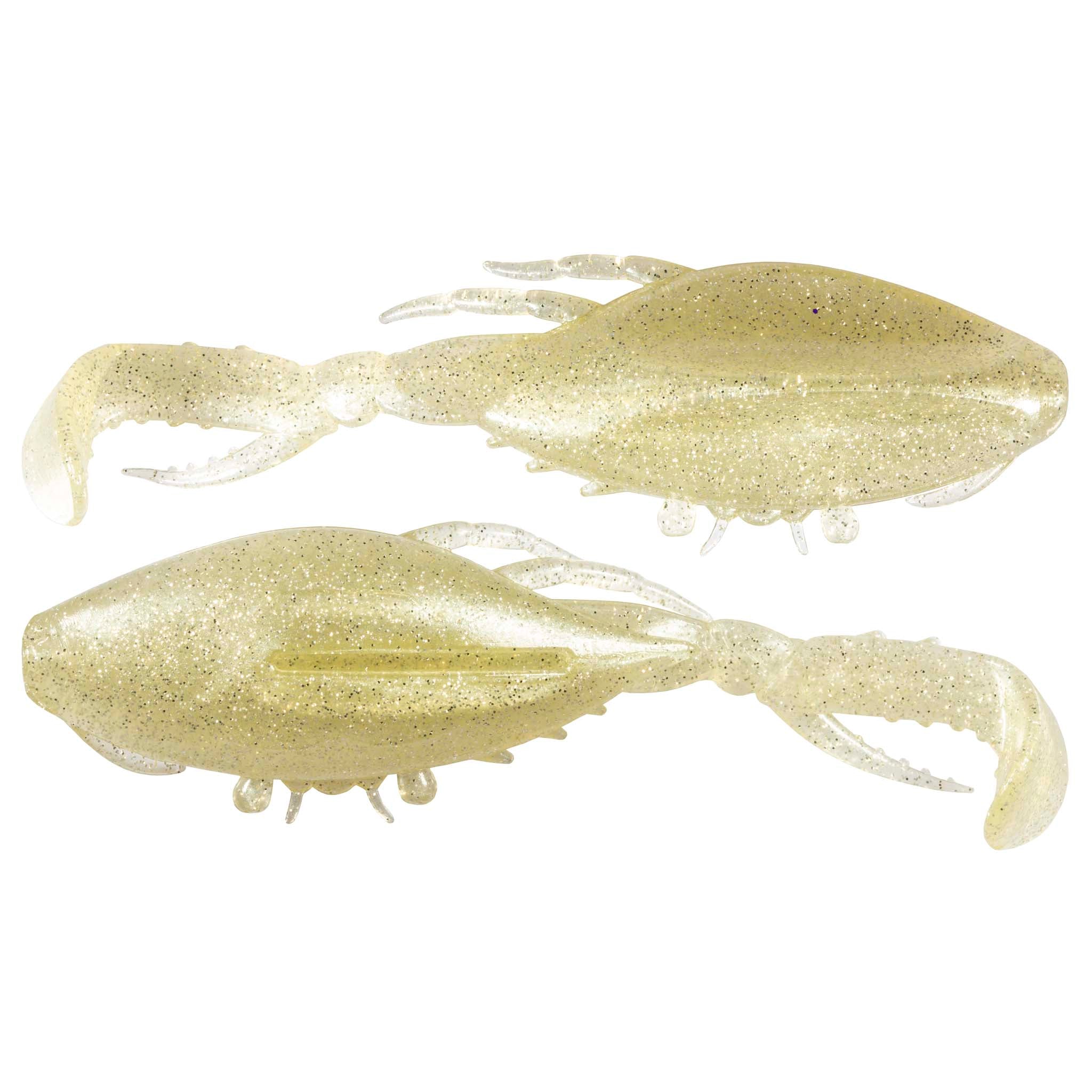 Light sand glitter soft plastic crab lure with claws and white tentacles, 2-pack.