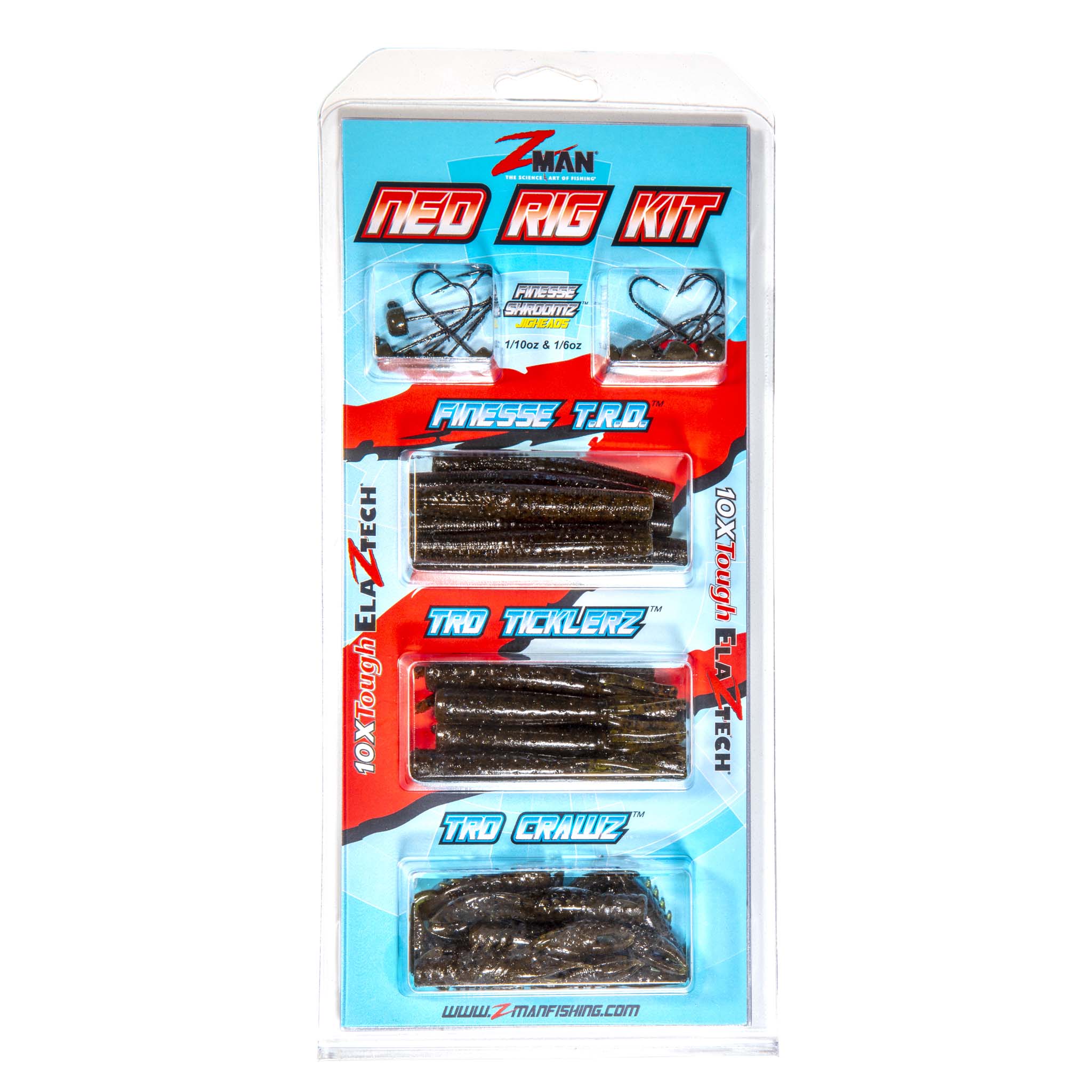 Ned rig lure kit package with dark brown soft plastic worm baits