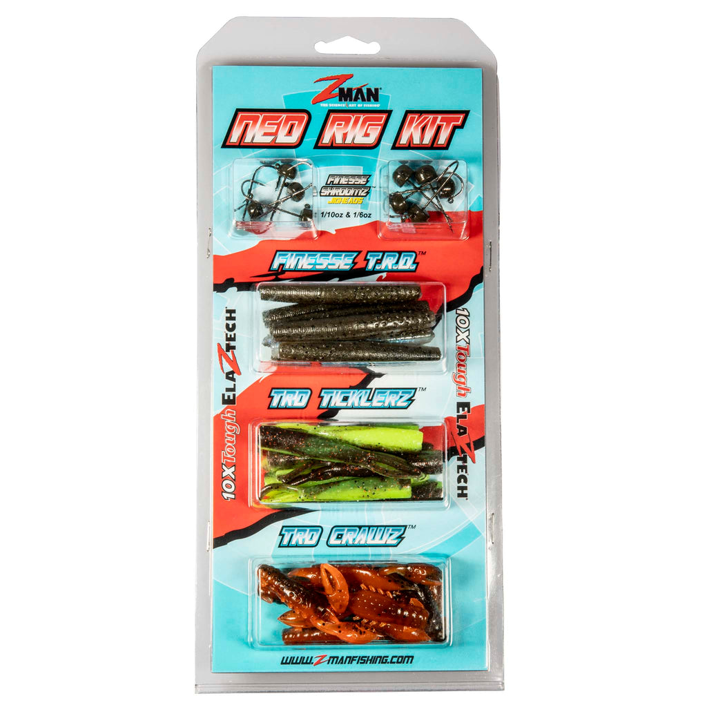 Fishing lure kit package with green and brown soft plastic worm baits