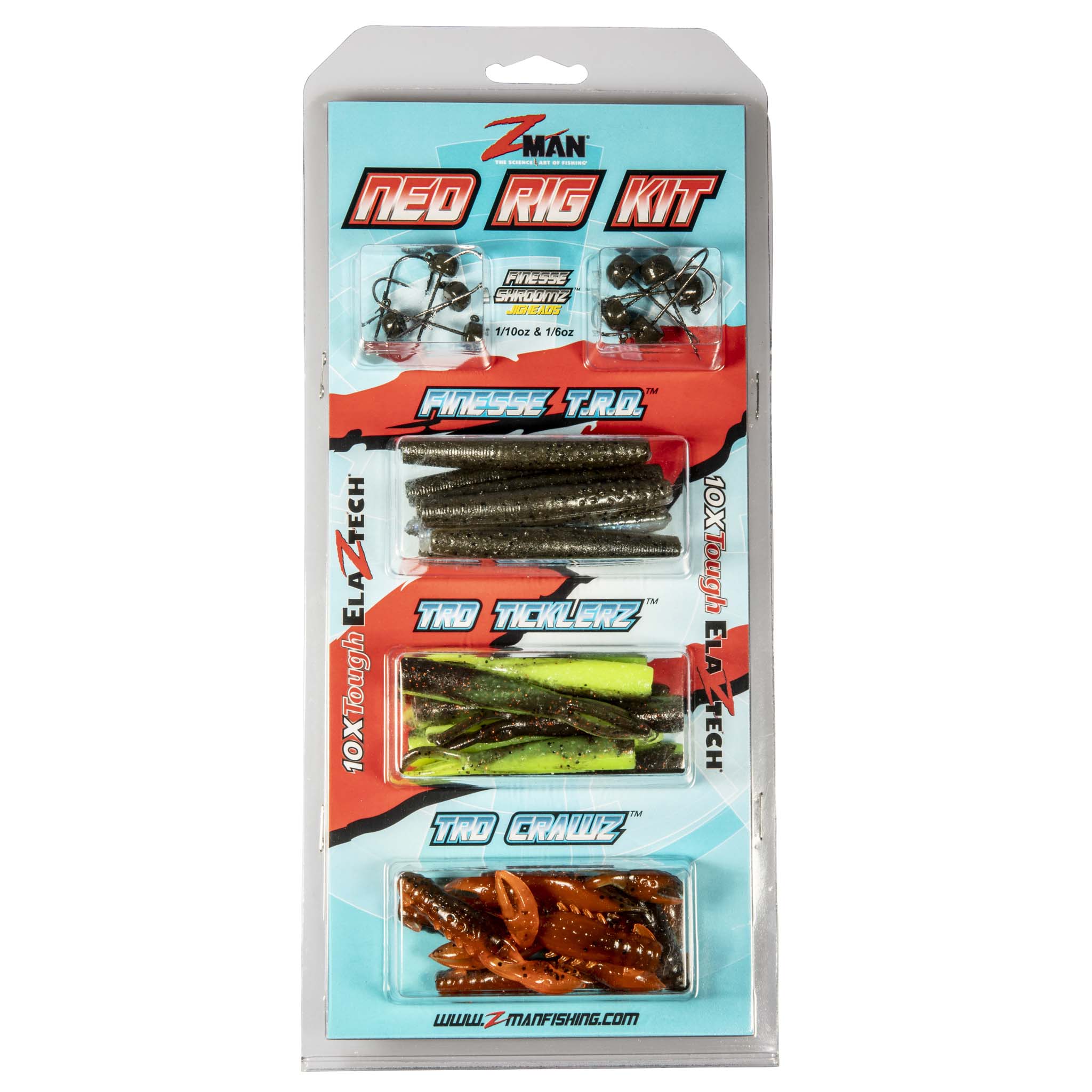Fishing lure kit package with green and brown soft plastic worm baits