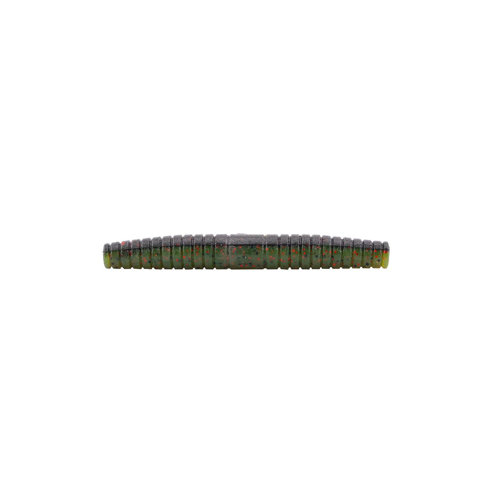Segmented soft plastic fishing lure, green with yellow highlights