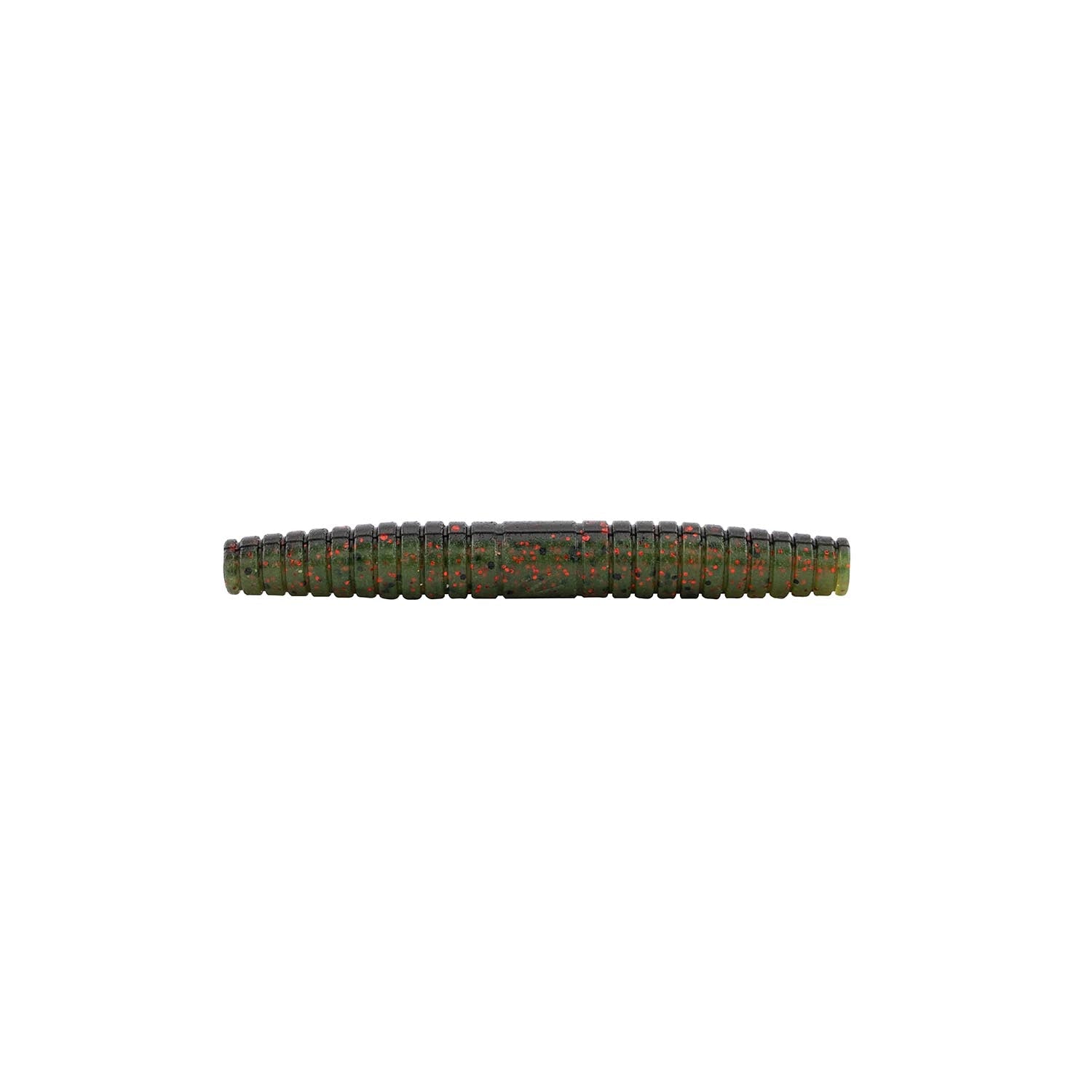 Segmented soft plastic fishing lure, green camo-speckled body