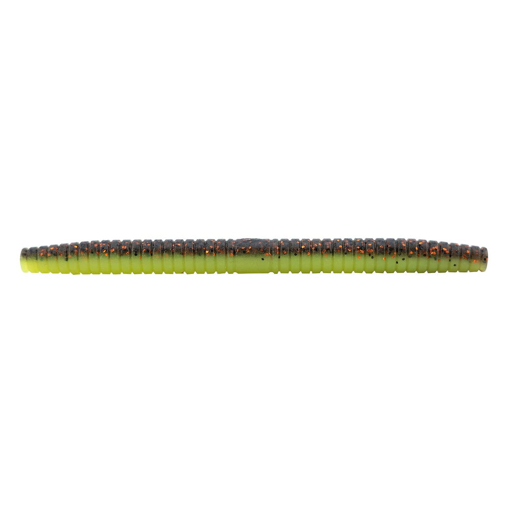 Fishing soft plastic lure, yellow-green color with speckled segmented body