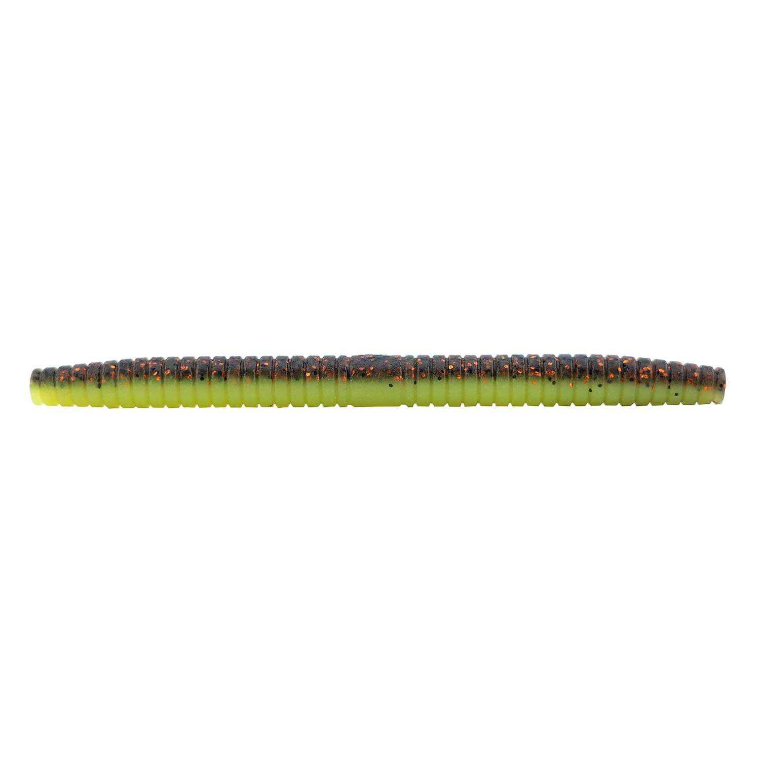 Fishing soft plastic lure, yellow-green color with speckled segmented body