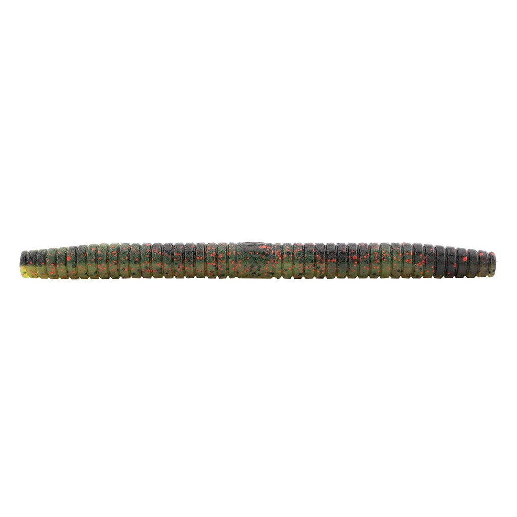 Fishing soft plastic lure, dark green and orange speckled segmented body