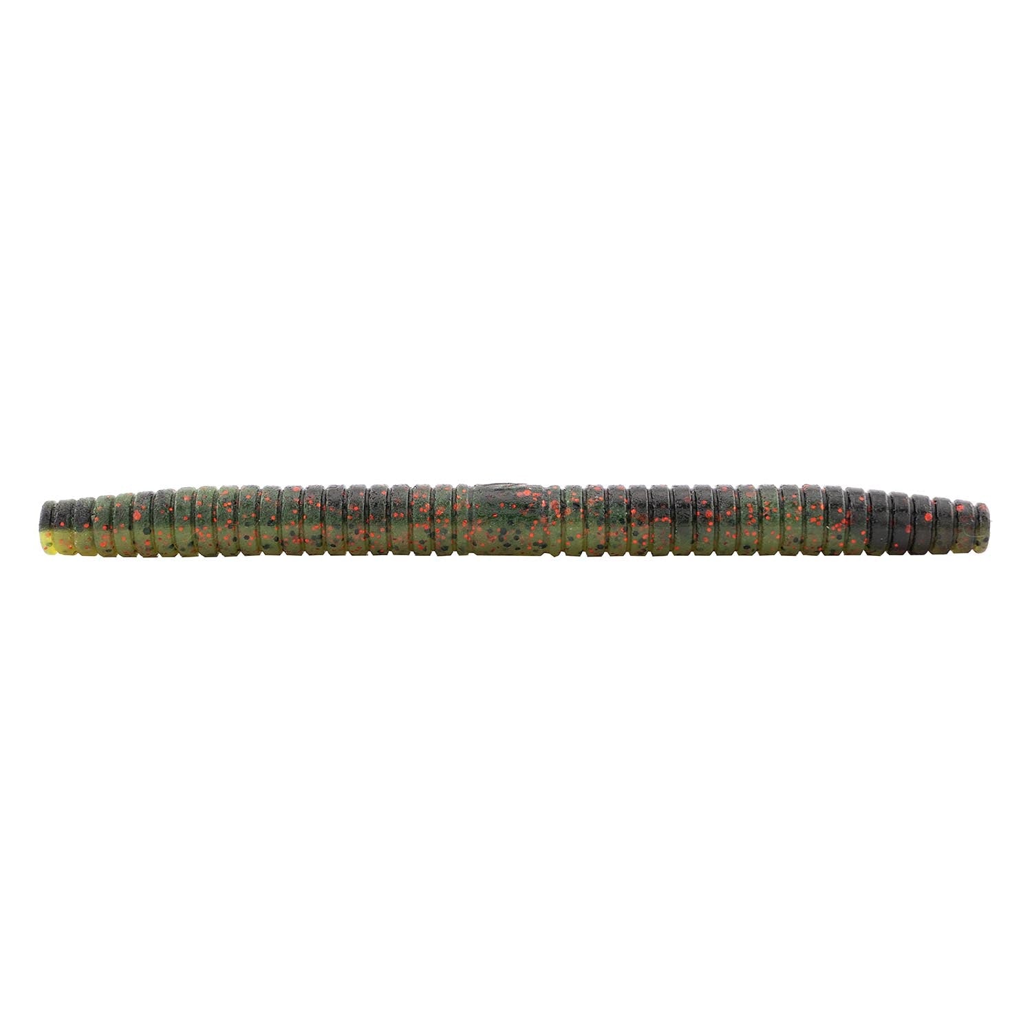 Fishing soft plastic lure, dark green and orange speckled segmented body