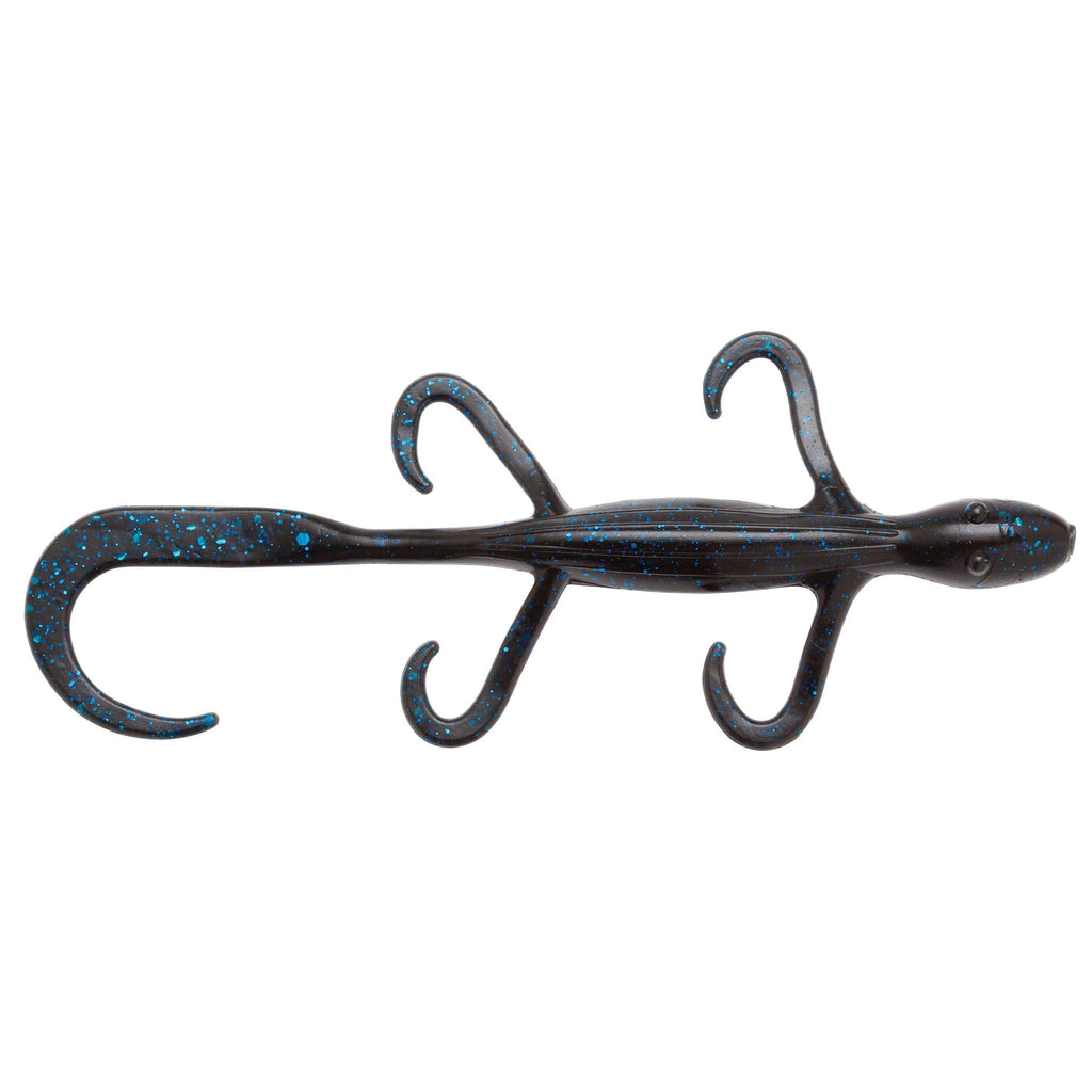 Soft lizard fishing lure in speckled dark blue with curly legs and pointed tail