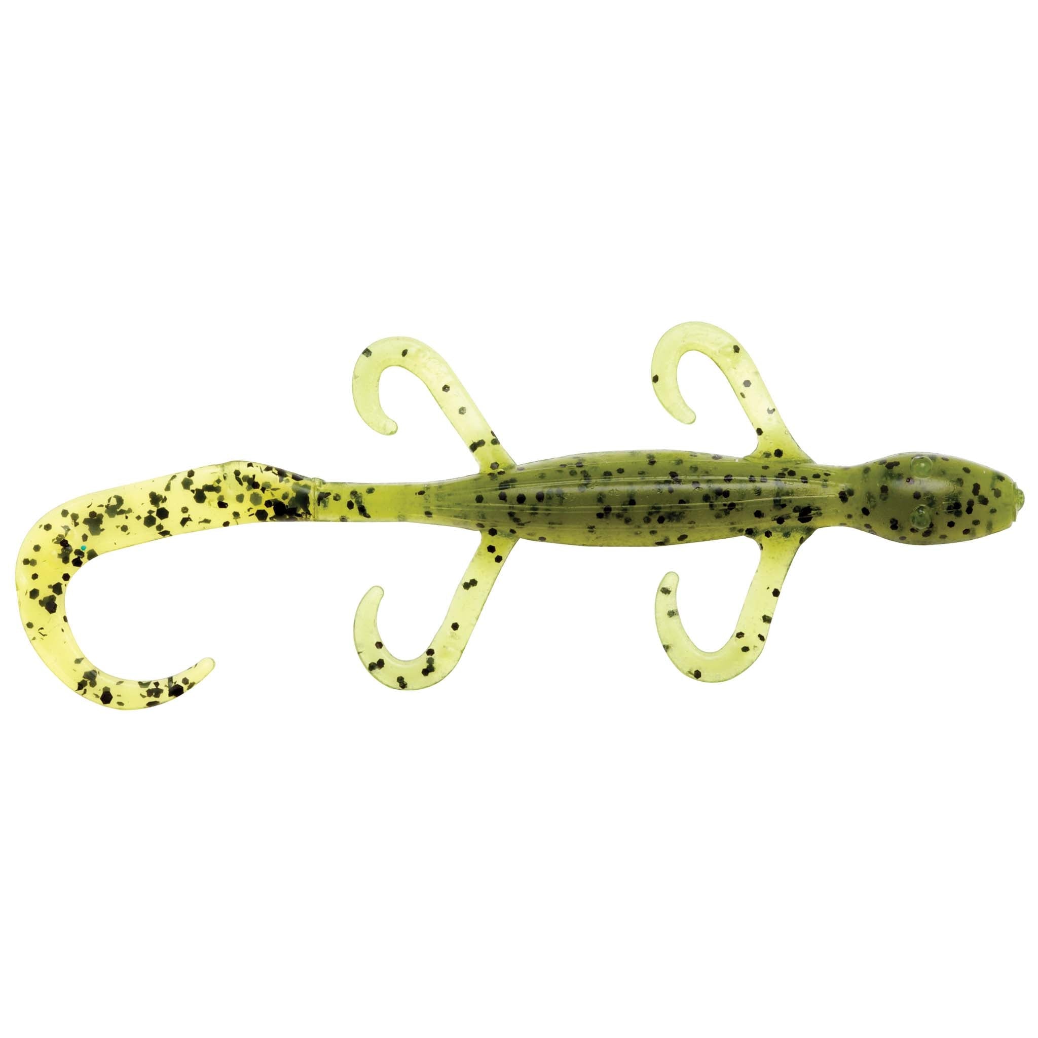 Soft lizard fishing lure in mottled olive green with curly legs and pointed tail