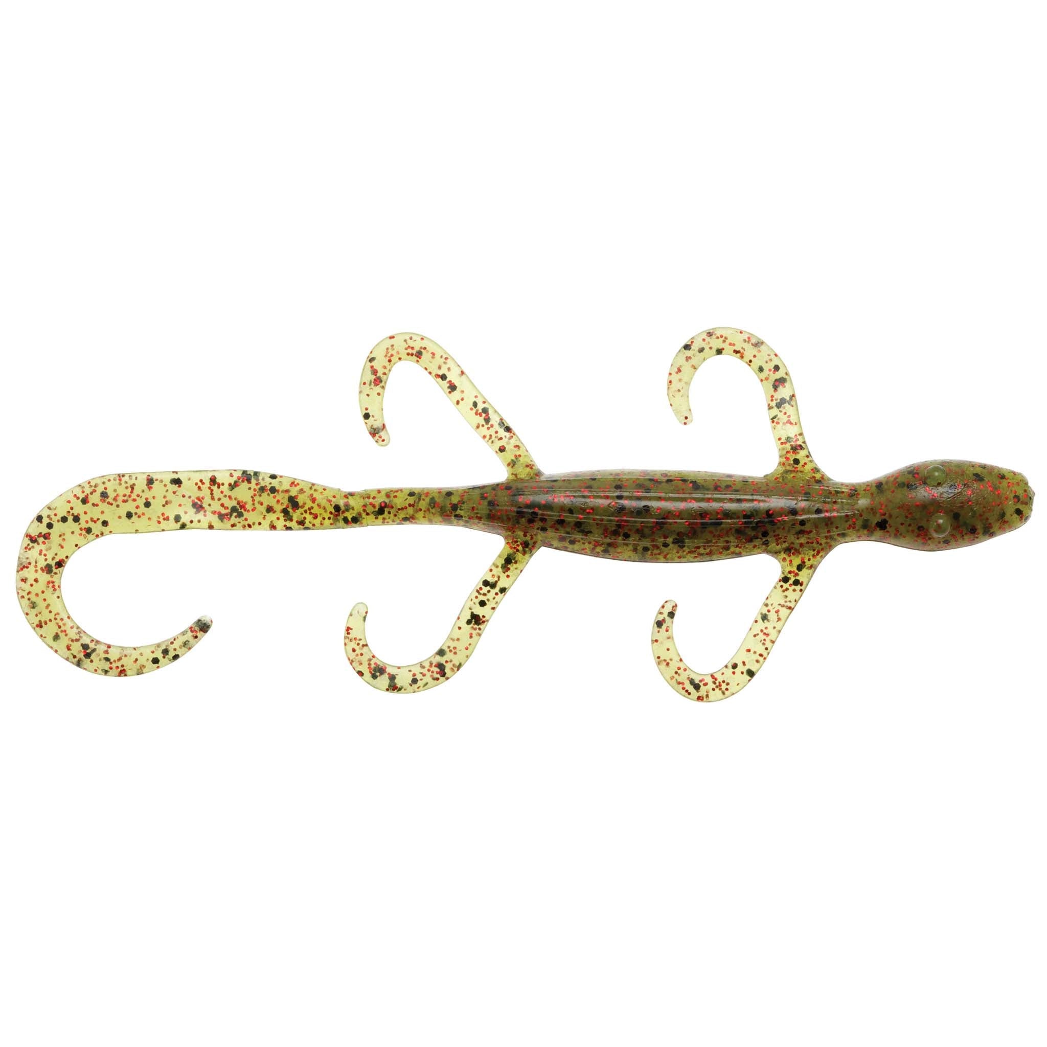 Soft lizard fishing lure in speckled yellow-orange with curly legs and tapered tail