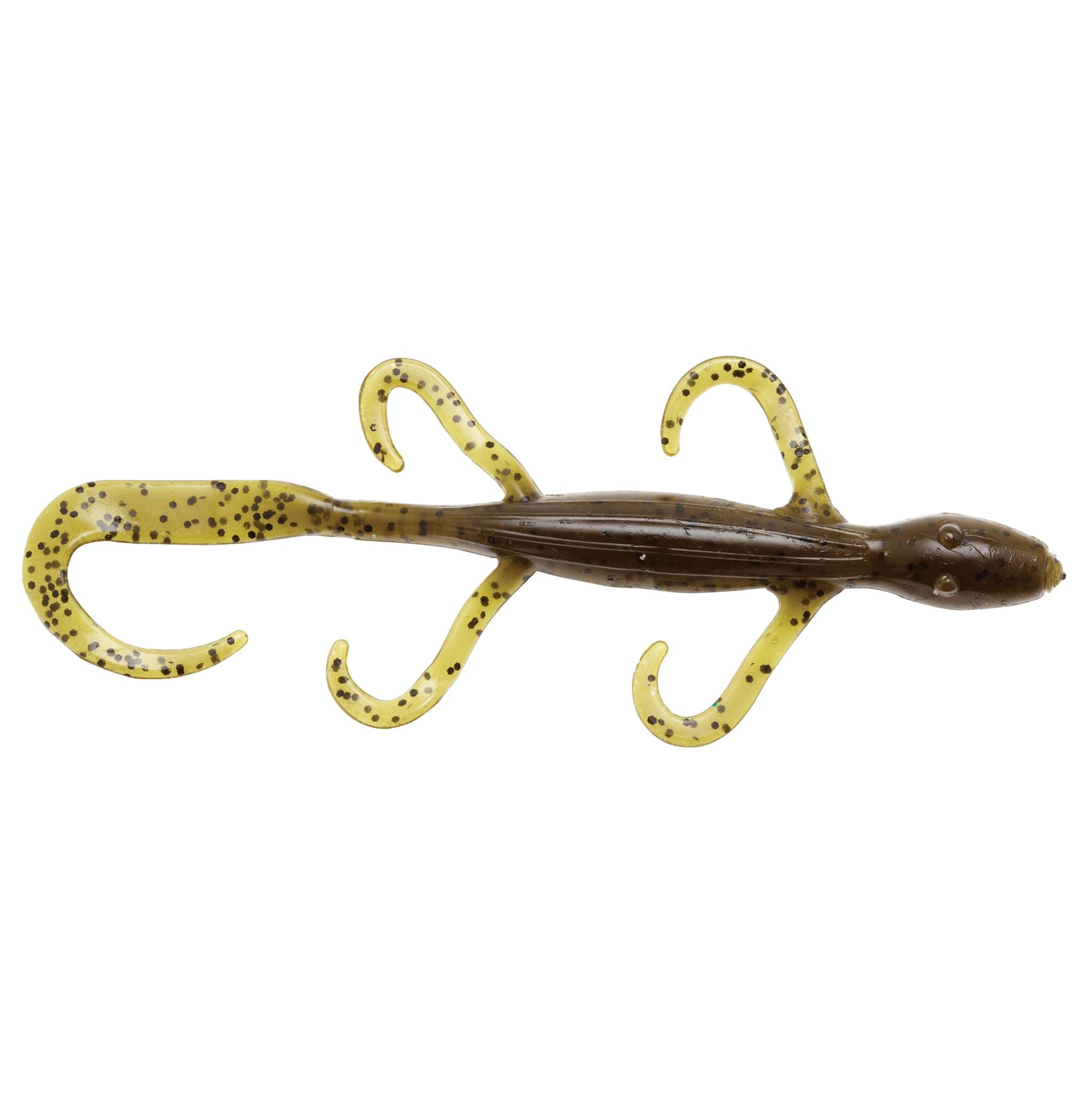 Soft lizard fishing lure in brown with dark speckles, curly legs, and tapered tail