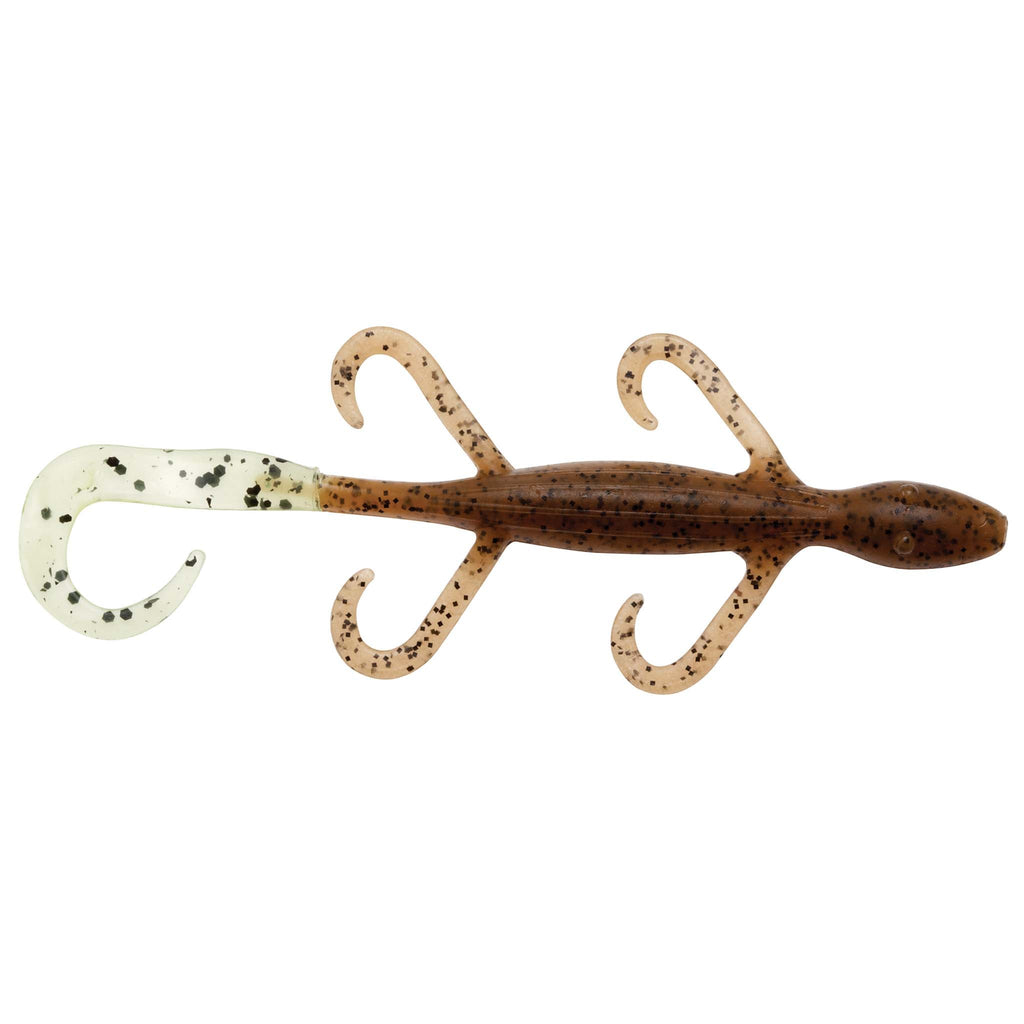 Soft lizard fishing lure in speckled tan with dark dots, curly legs, and tapered tail