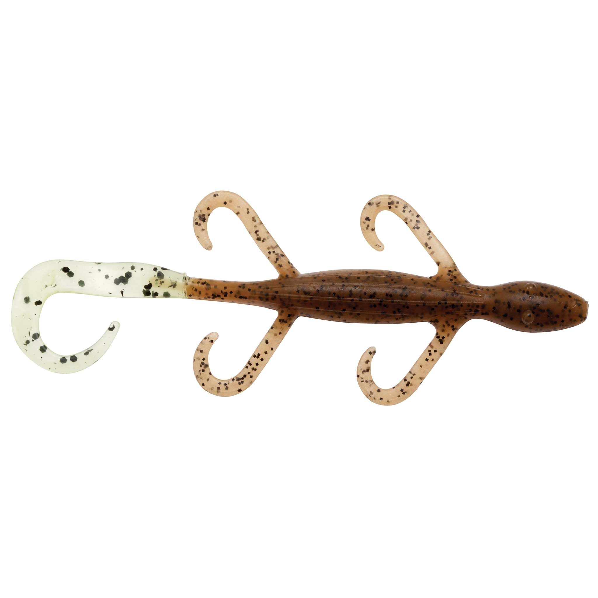 Soft lizard fishing lure in speckled tan with dark dots, curly legs, and tapered tail