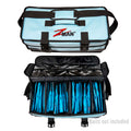 Insulated light-blue bait locker bag with black straps, logo, and open top with blue lure cords