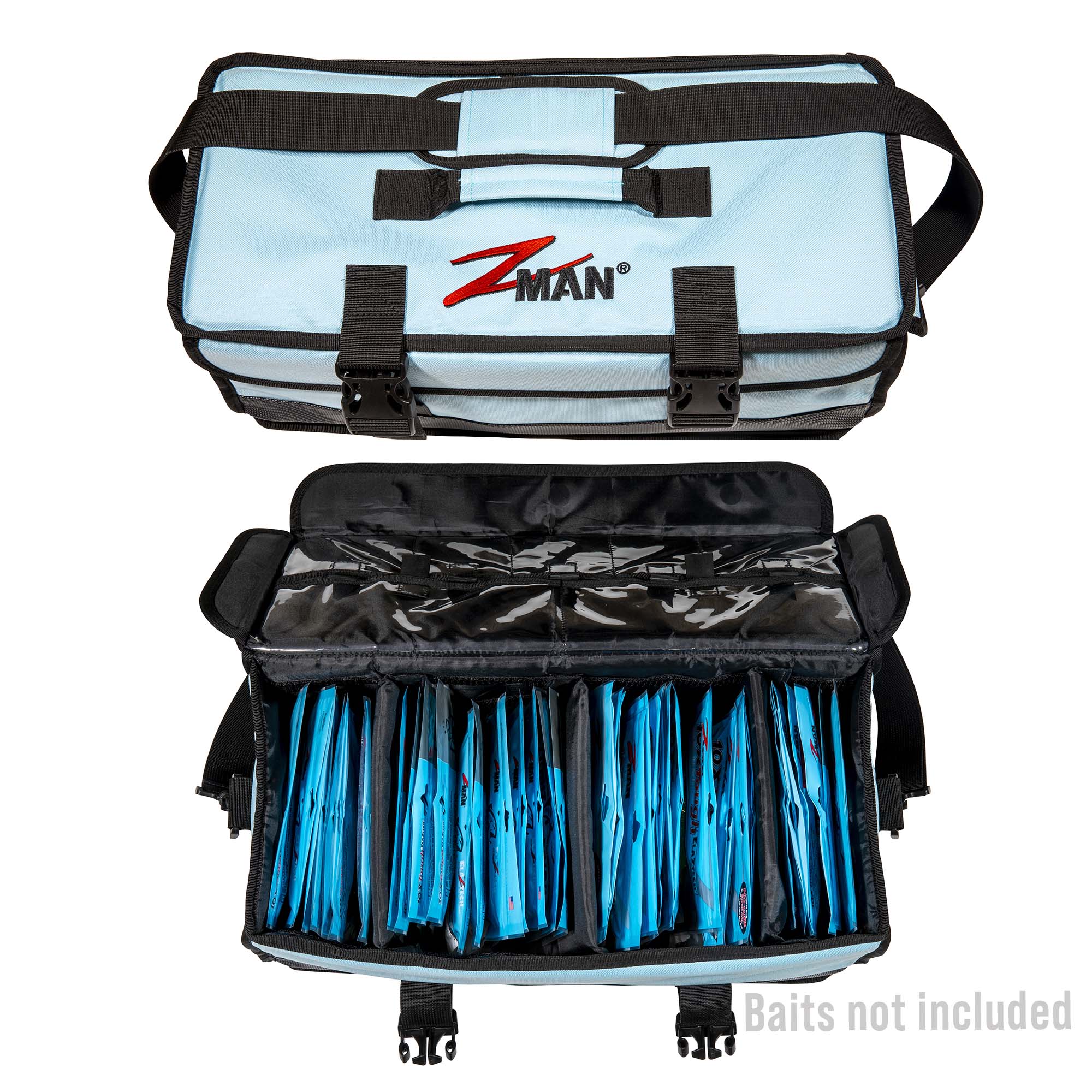 Insulated light-blue bait locker bag with black straps, logo, and open top with blue lure cords