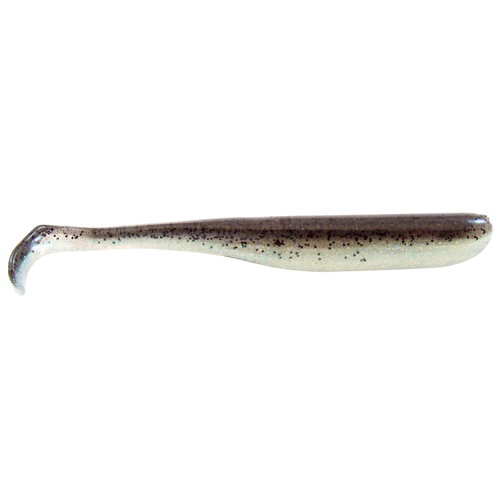 Silver shad soft swimbait lure with curved tail and speckled finish