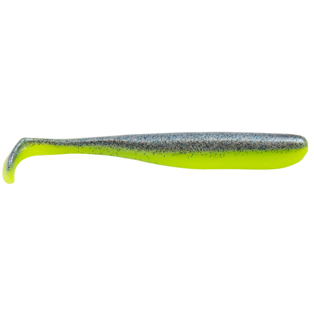 Chartreuse green soft swimbait lure with speckled back and curved tail