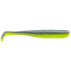 Chartreuse green soft swimbait lure with speckled back and curved tail