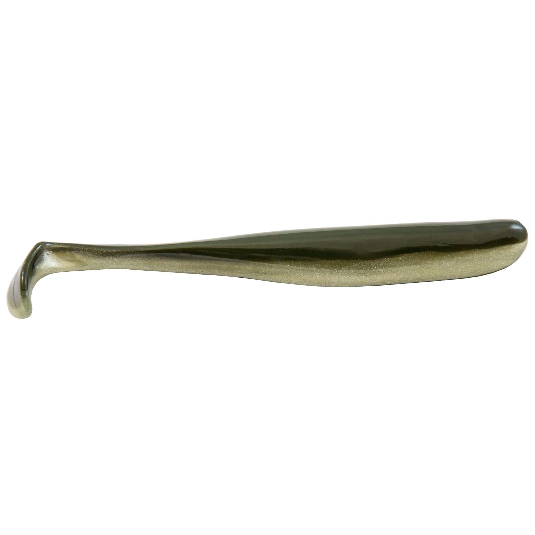 Olive green soft swimbait lure with subtle shimmer and curved tail