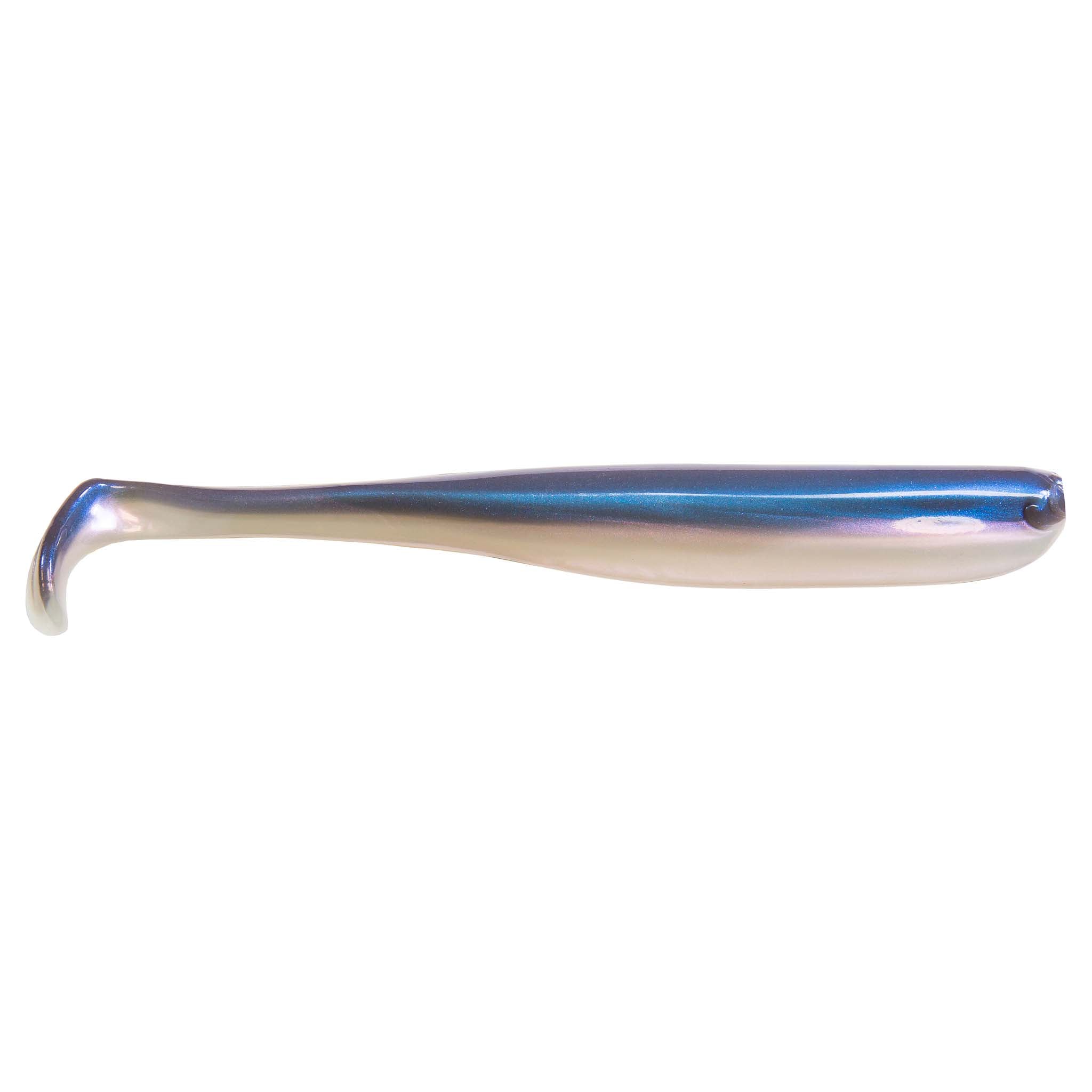 White soft swimbait lure with blue metallic back and curved tail