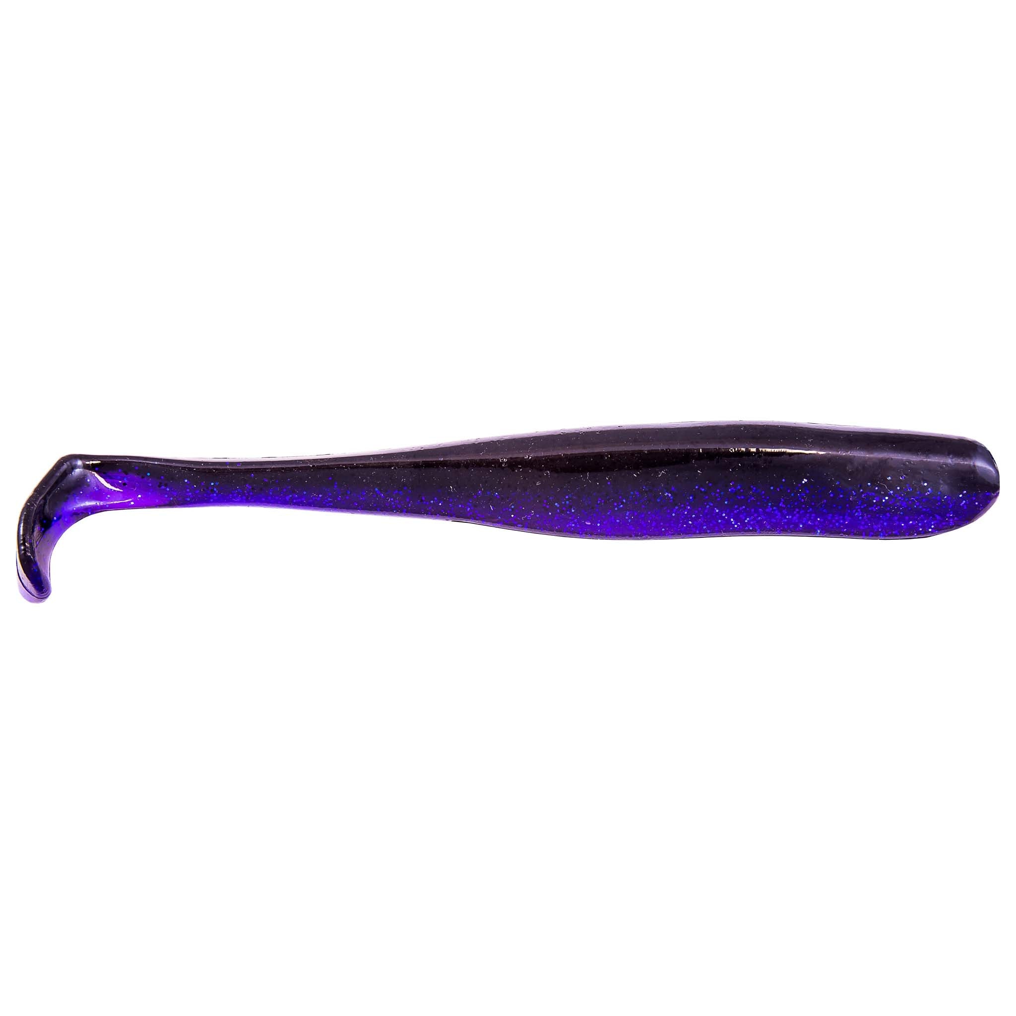 Purple glossy soft swimbait lure with glittery finish and curved tail